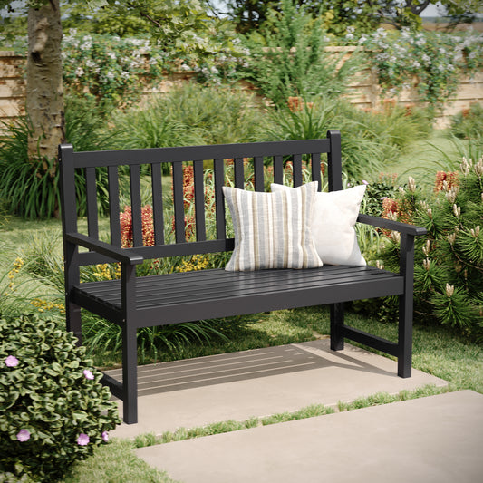 Adele Commercial Grade Indoor/Outdoor Patio Acacia Wood Bench, 2-Person Slatted Seat Loveseat for Park, Garden, Yard, Porch, Black Black LTS-0525-BK-GG