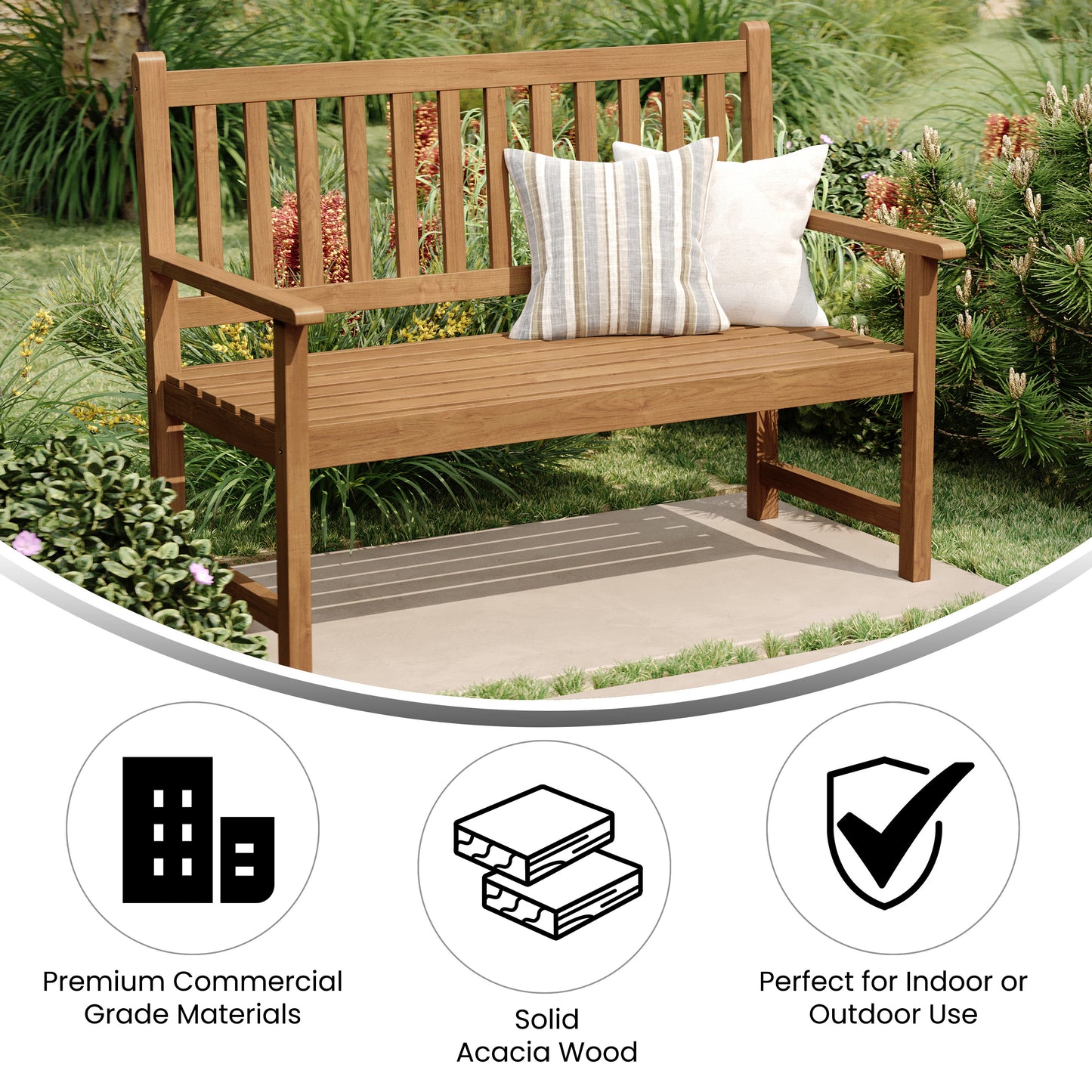 Adele Commercial Grade Indoor/Outdoor Patio Acacia Wood Bench, 2-Person Slatted Seat Loveseat for Park, Garden, Yard, Porch, Brown Brown