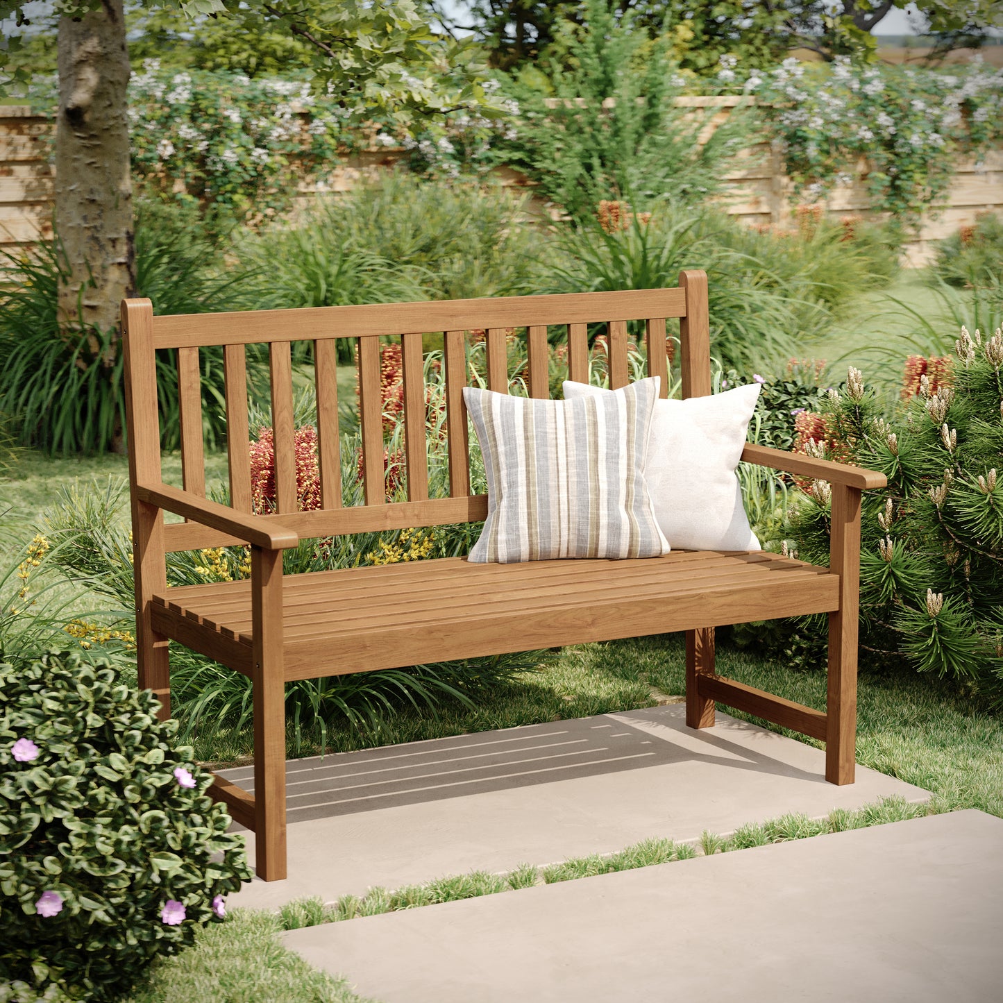 Adele Commercial Grade Indoor/Outdoor Patio Acacia Wood Bench, 2-Person Slatted Seat Loveseat for Park, Garden, Yard, Porch, Brown Brown