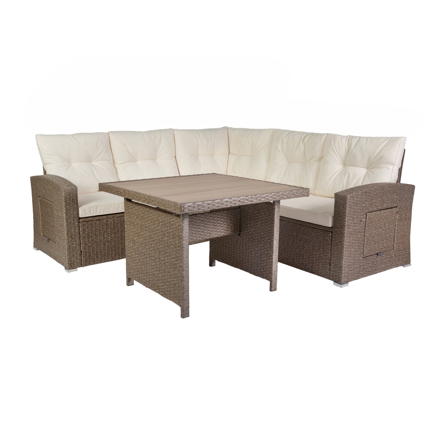 Huck Indoor/Outdoor Wicker Rattan Conversation Set, L-Shaped Sofa with Dining Table, Weather Resistant Cushions, Beige and Brown Beige Cushions/Brown Frame