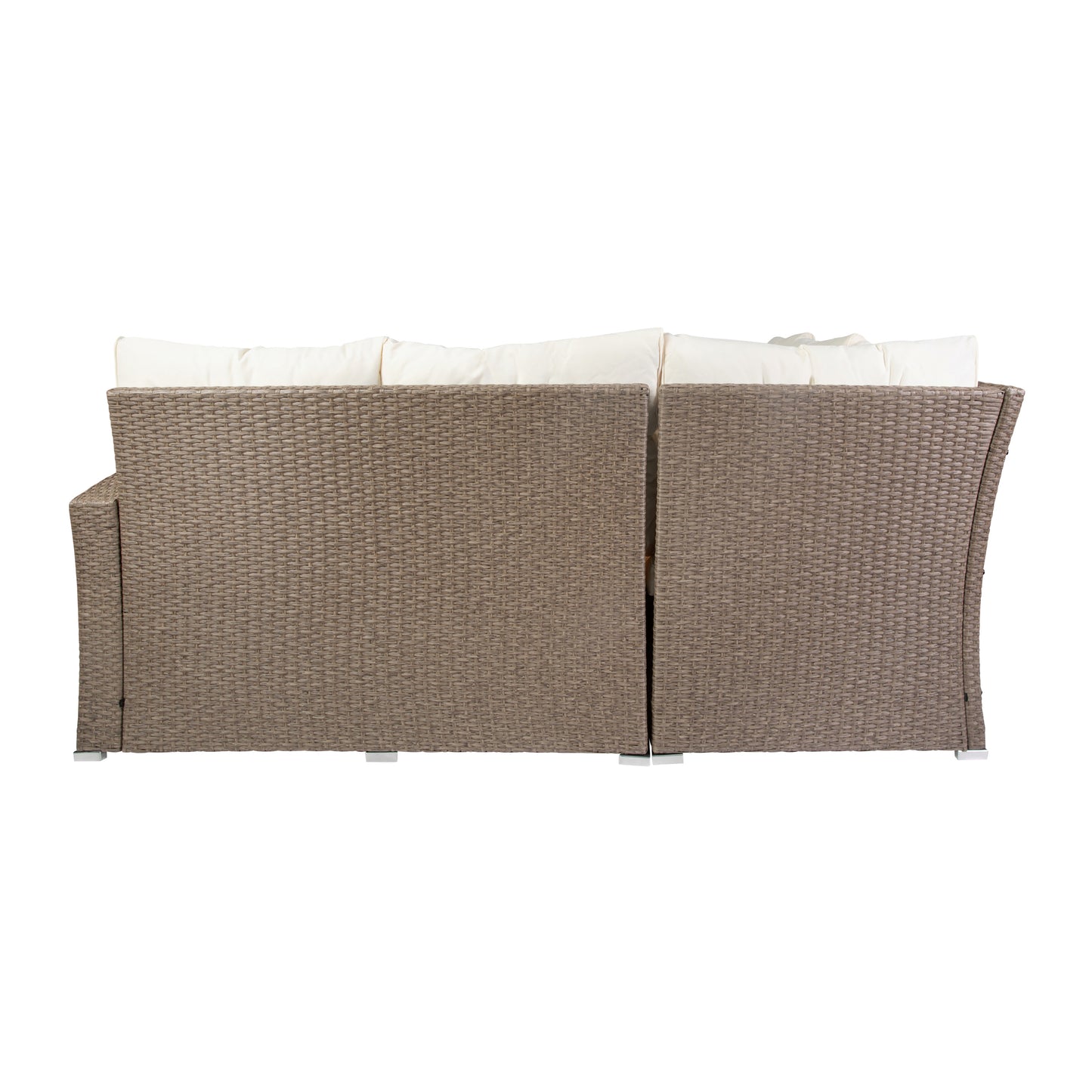 Huck Indoor/Outdoor Wicker Rattan Conversation Set, L-Shaped Sofa with Dining Table, Weather Resistant Cushions, Beige and Brown Beige Cushions/Brown Frame