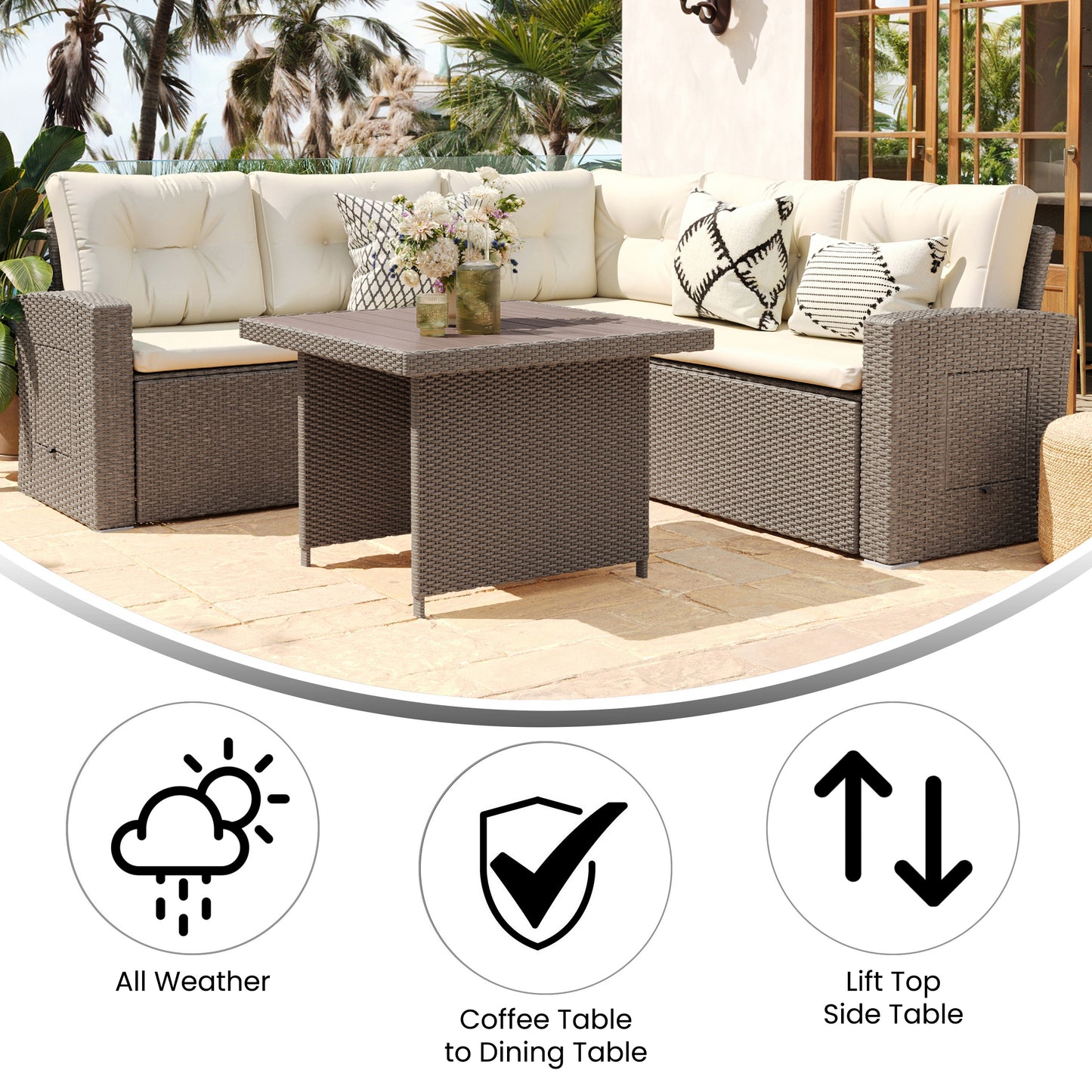 Huck Indoor/Outdoor Wicker Rattan Conversation Set, L-Shaped Sofa with Dining Table, Weather Resistant Cushions, Beige and Brown Beige Cushions/Brown Frame