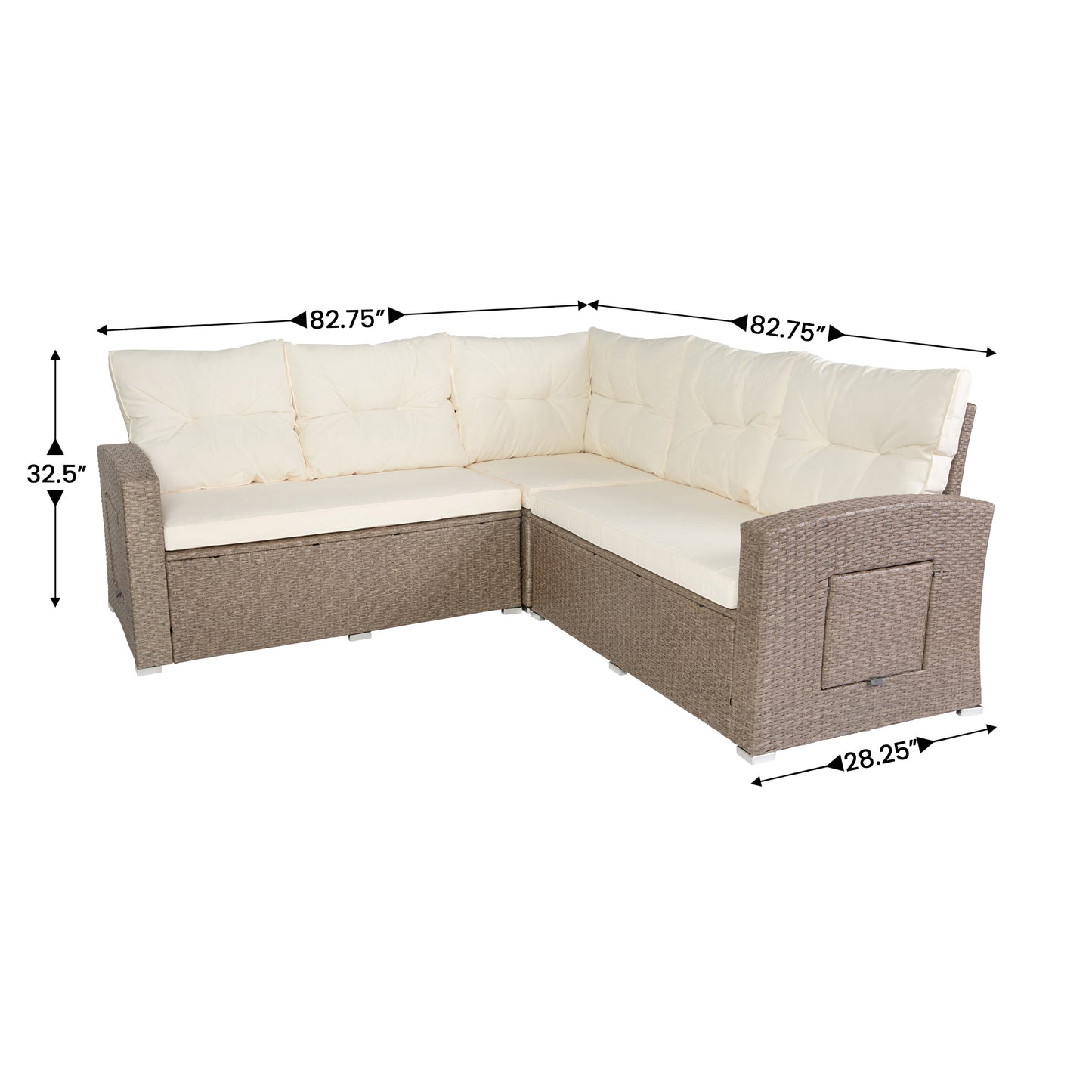Huck Indoor/Outdoor Wicker Rattan Conversation Set, L-Shaped Sofa with Dining Table, Weather Resistant Cushions, Beige and Brown Beige Cushions/Brown Frame