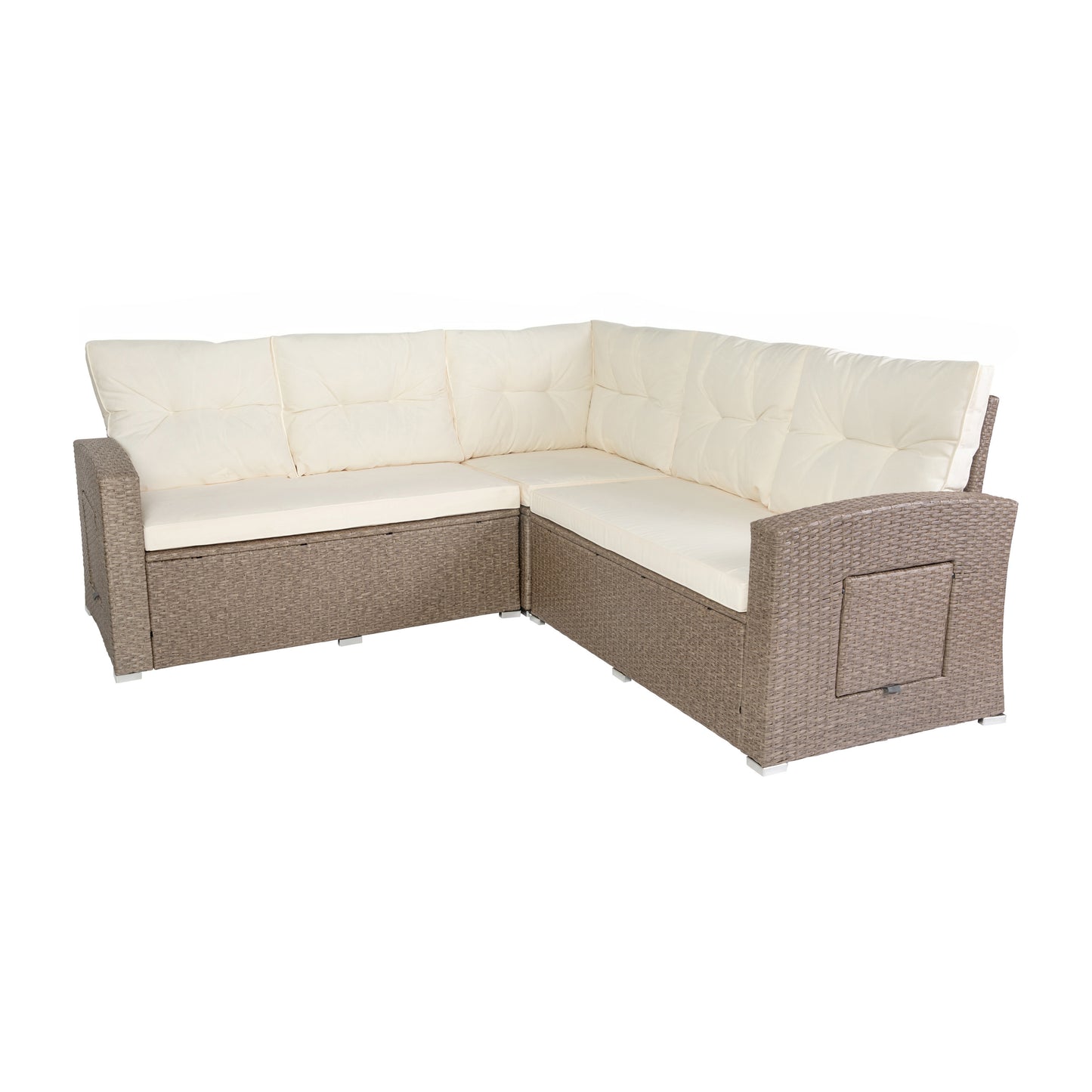 Huck Indoor/Outdoor Wicker Rattan Conversation Set, L-Shaped Sofa with Dining Table, Weather Resistant Cushions, Beige and Brown Beige Cushions/Brown Frame
