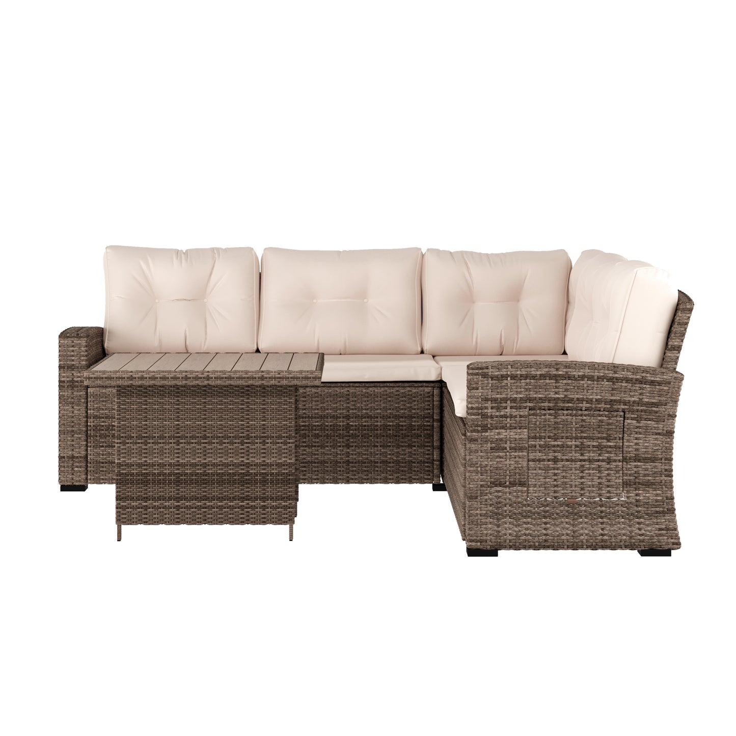 Huck Indoor/Outdoor Wicker Rattan Conversation Set, L-Shaped Sofa with Dining Table, Weather Resistant Cushions, Beige and Brown Beige Cushions/Brown Frame
