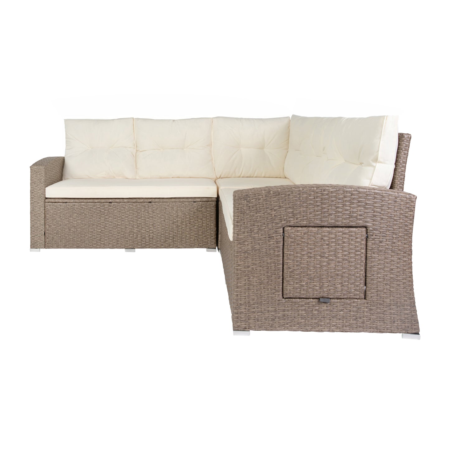 Huck Indoor/Outdoor Wicker Rattan Conversation Set, L-Shaped Sofa with Dining Table, Weather Resistant Cushions, Beige and Brown Beige Cushions/Brown Frame
