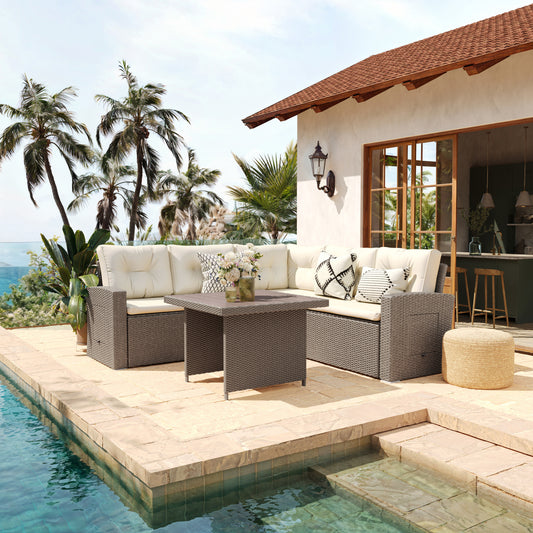 Huck Indoor/Outdoor Wicker Rattan Conversation Set, L-Shaped Sofa with Dining Table, Weather Resistant Cushions, Beige and Brown Beige Cushions/Brown Frame LTS-SET-02023-BG-BR-GG