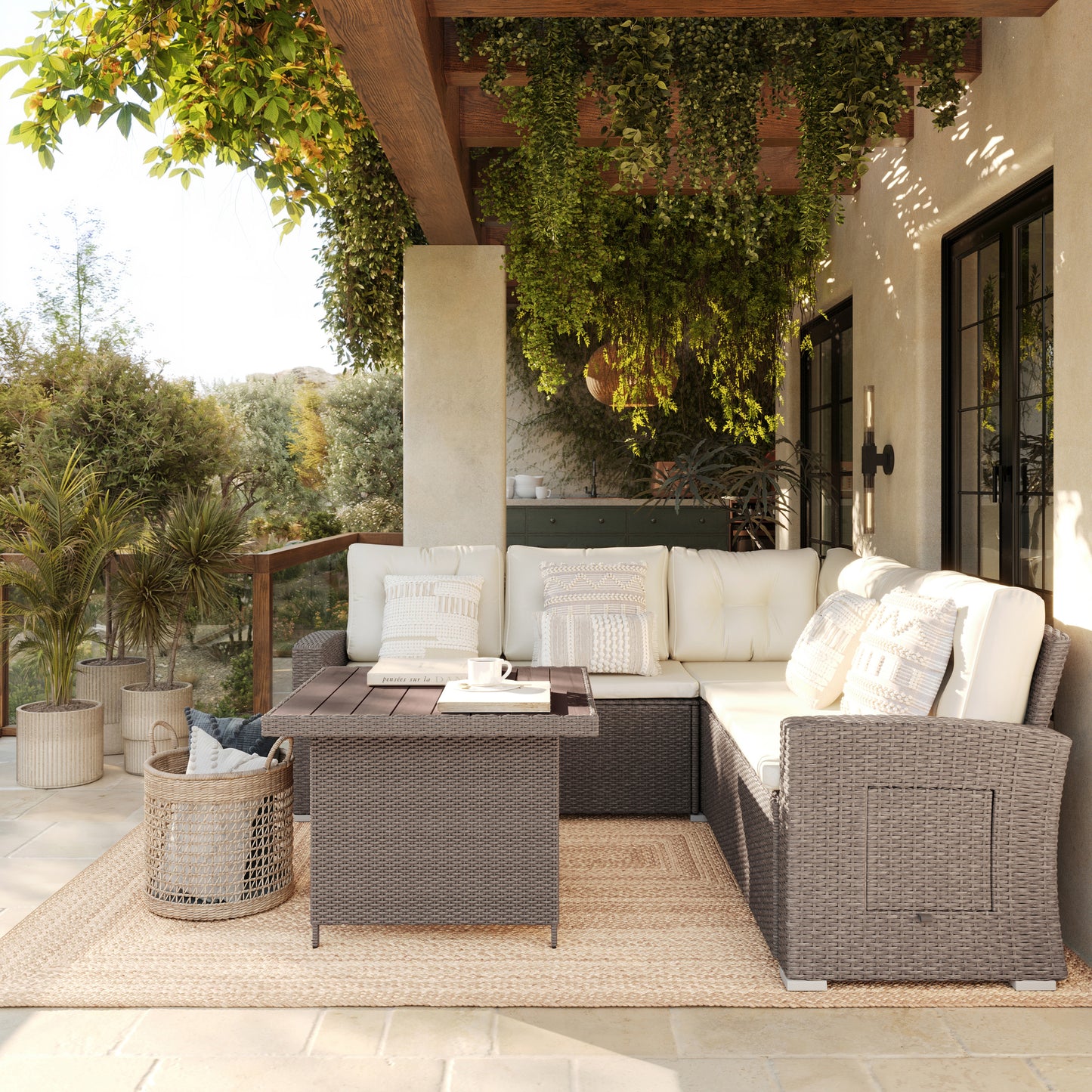 Huck Indoor/Outdoor Wicker Rattan Conversation Set, L-Shaped Sofa with Dining Table, Weather Resistant Cushions, Beige and Brown Beige Cushions/Brown Frame
