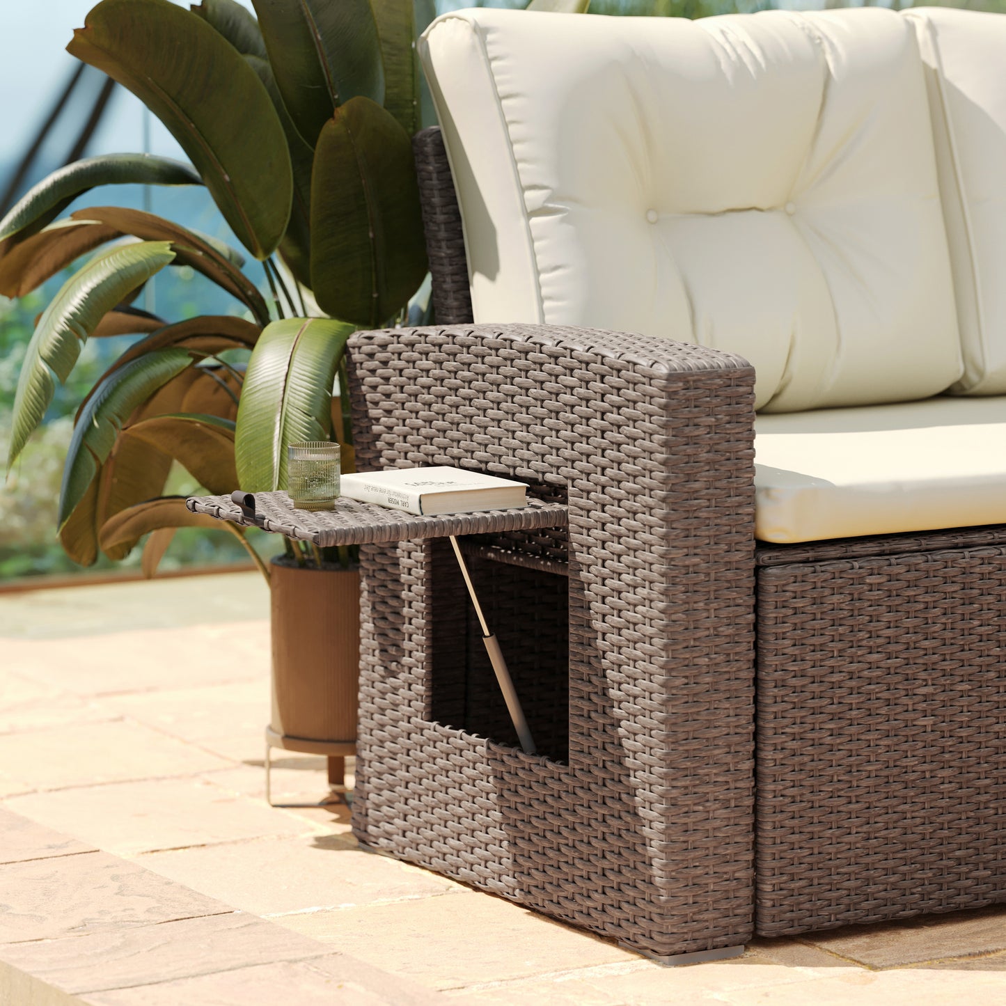 Huck Indoor/Outdoor Wicker Rattan Conversation Set, L-Shaped Sofa with Dining Table, Weather Resistant Cushions, Beige and Brown Beige Cushions/Brown Frame