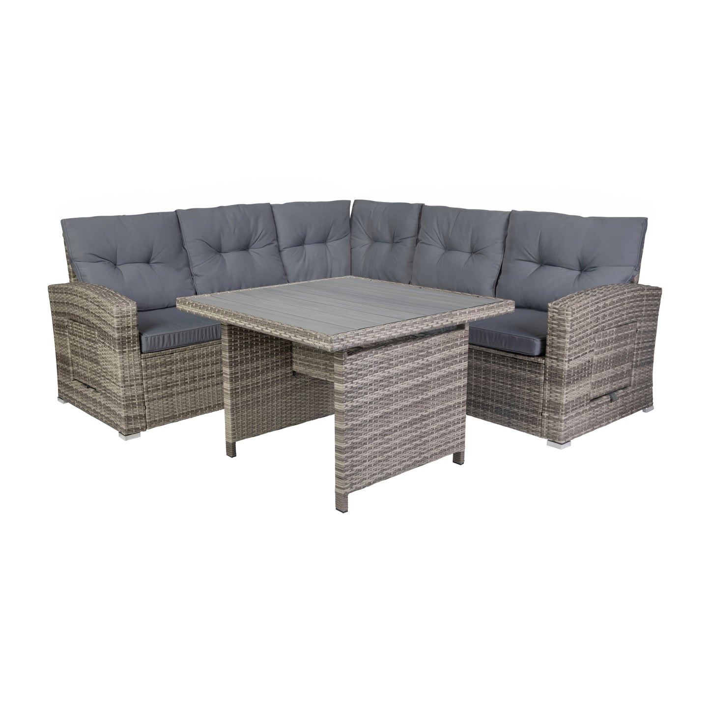 Huck Indoor/Outdoor Wicker Rattan Conversation Set, L-Shaped Sofa with Dining Table, Weather Resistant Cushions, Gray Gray Cushions/Gray Frame