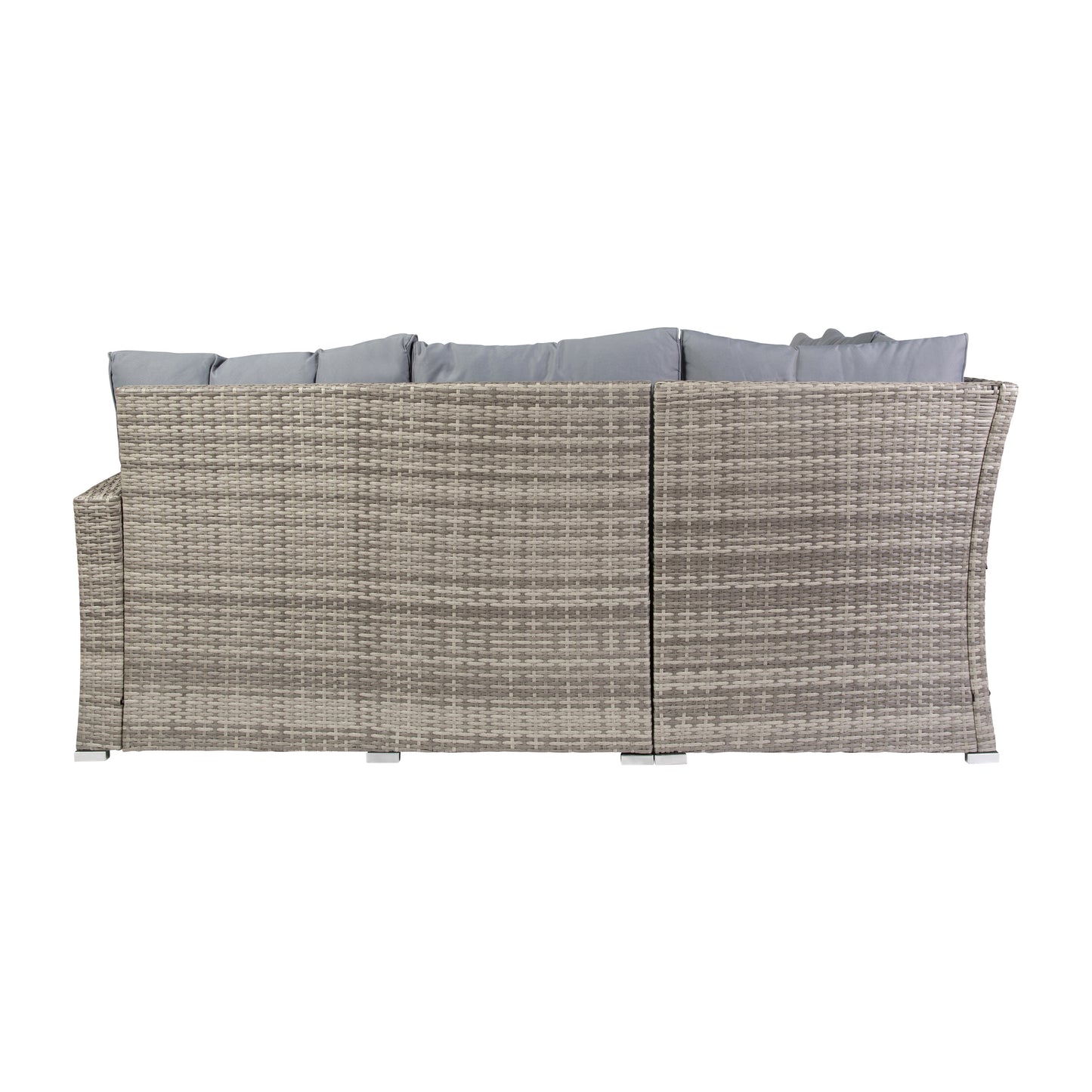 Huck Indoor/Outdoor Wicker Rattan Conversation Set, L-Shaped Sofa with Dining Table, Weather Resistant Cushions, Gray Gray Cushions/Gray Frame