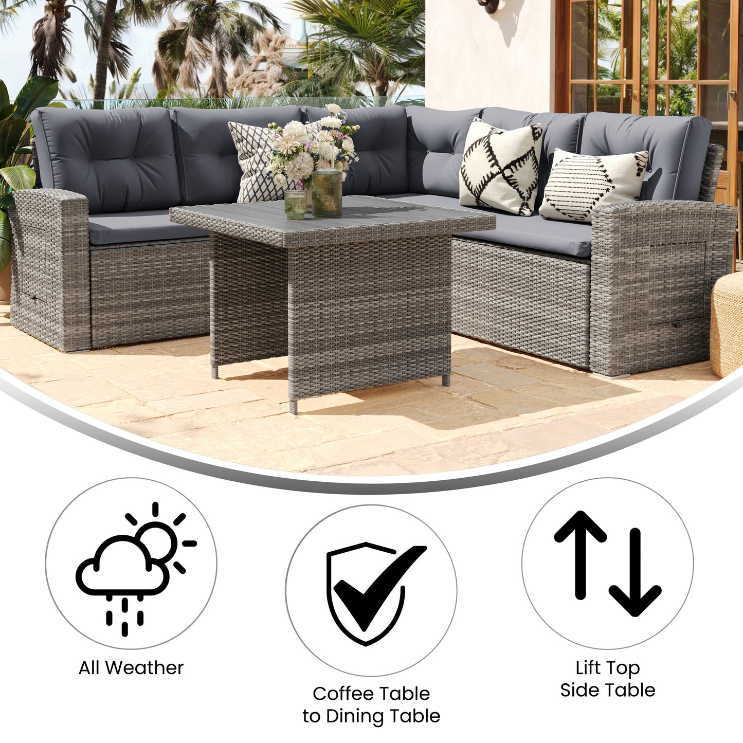 Huck Indoor/Outdoor Wicker Rattan Conversation Set, L-Shaped Sofa with Dining Table, Weather Resistant Cushions, Gray Gray Cushions/Gray Frame