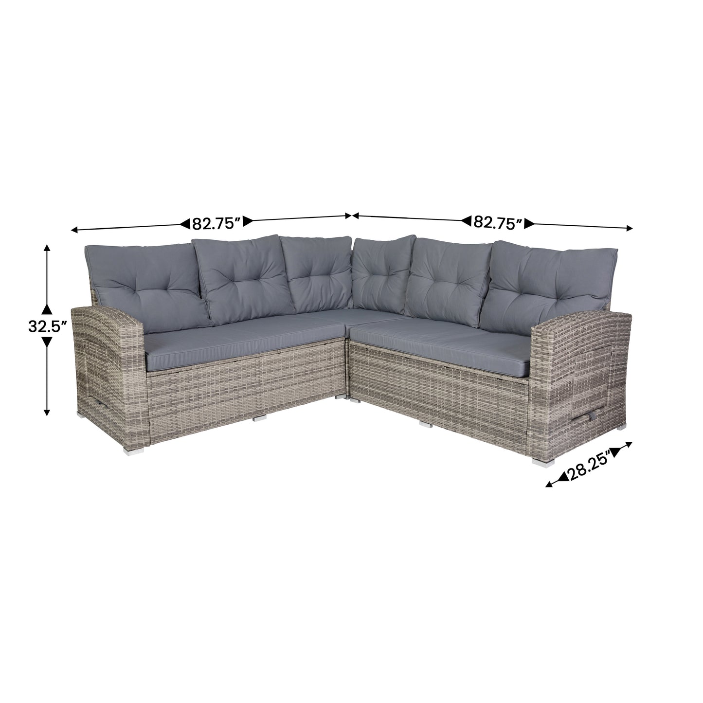 Huck Indoor/Outdoor Wicker Rattan Conversation Set, L-Shaped Sofa with Dining Table, Weather Resistant Cushions, Gray Gray Cushions/Gray Frame