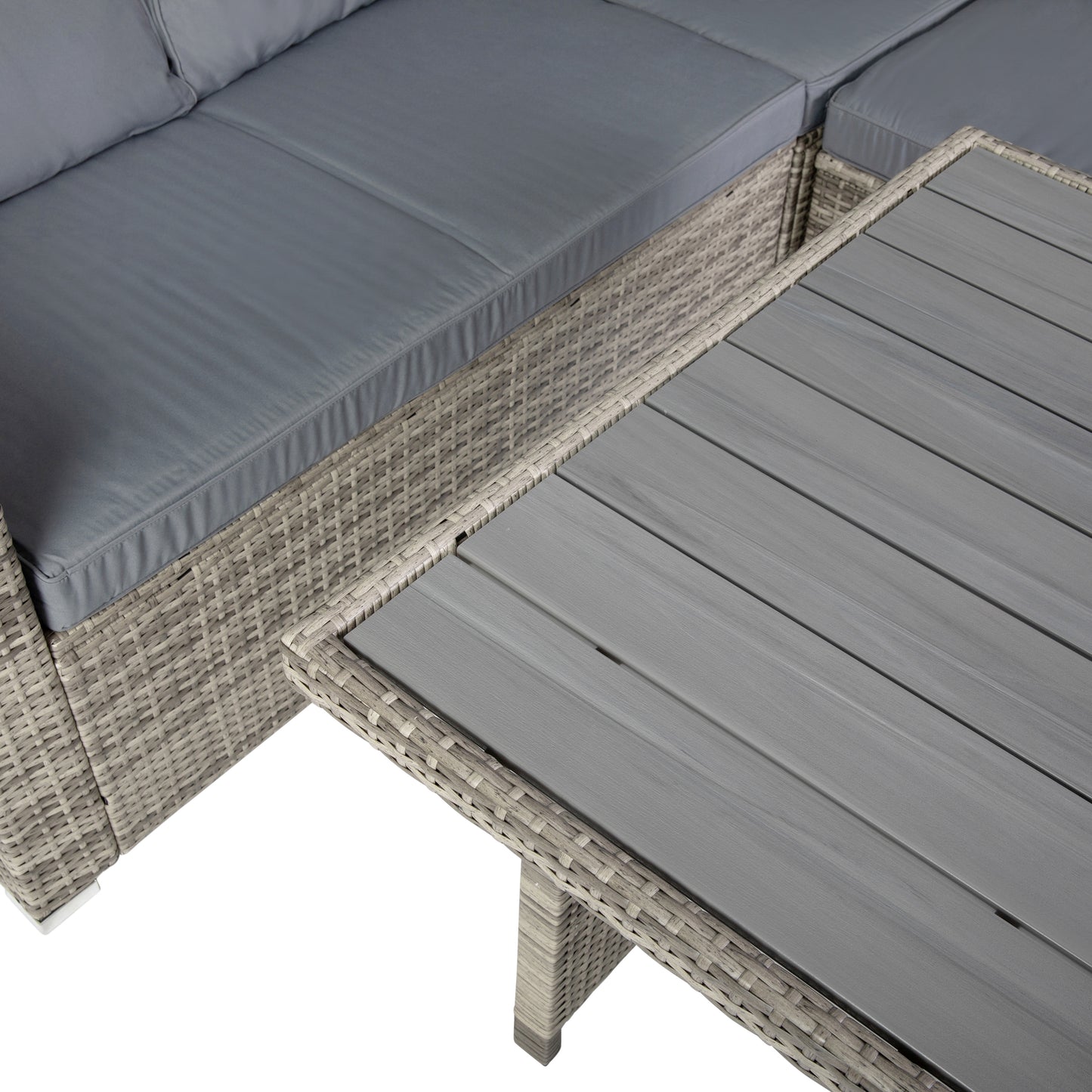 Huck Indoor/Outdoor Wicker Rattan Conversation Set, L-Shaped Sofa with Dining Table, Weather Resistant Cushions, Gray Gray Cushions/Gray Frame