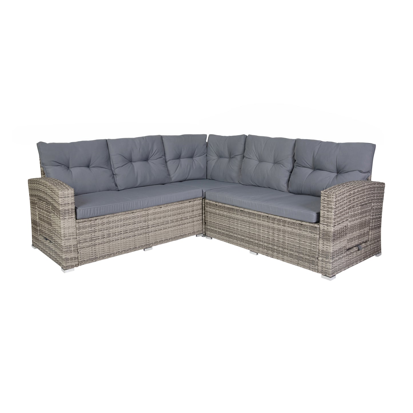 Huck Indoor/Outdoor Wicker Rattan Conversation Set, L-Shaped Sofa with Dining Table, Weather Resistant Cushions, Gray Gray Cushions/Gray Frame
