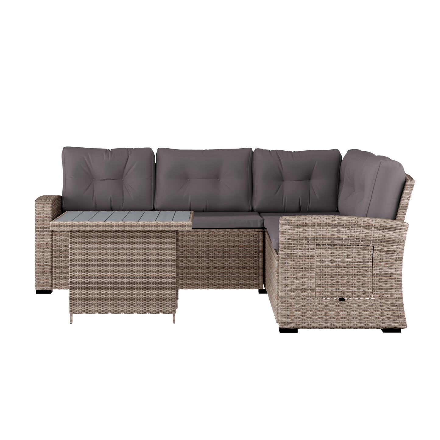 Huck Indoor/Outdoor Wicker Rattan Conversation Set, L-Shaped Sofa with Dining Table, Weather Resistant Cushions, Gray Gray Cushions/Gray Frame