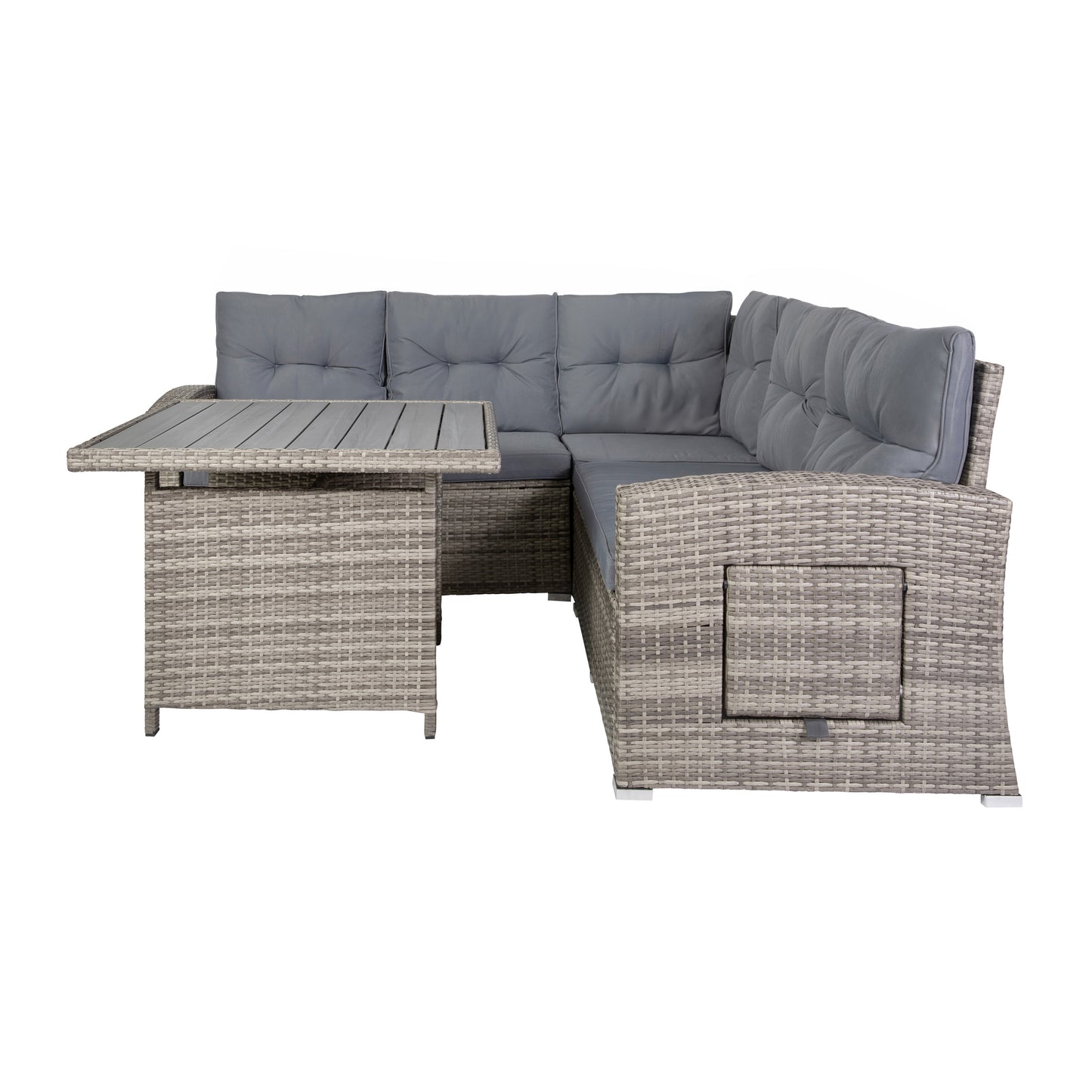Huck Indoor/Outdoor Wicker Rattan Conversation Set, L-Shaped Sofa with Dining Table, Weather Resistant Cushions, Gray Gray Cushions/Gray Frame