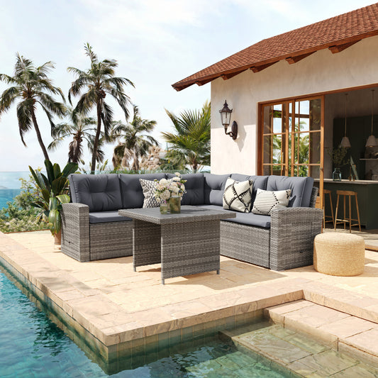 Huck Indoor/Outdoor Wicker Rattan Conversation Set, L-Shaped Sofa with Dining Table, Weather Resistant Cushions, Gray Gray Cushions/Gray Frame LTS-SET-02023-GY-GY-GG