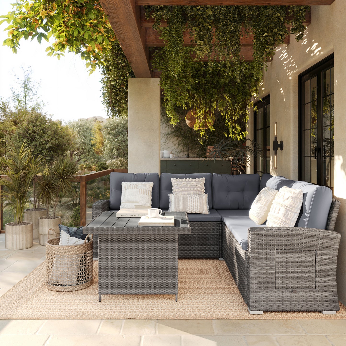 Huck Indoor/Outdoor Wicker Rattan Conversation Set, L-Shaped Sofa with Dining Table, Weather Resistant Cushions, Gray Gray Cushions/Gray Frame