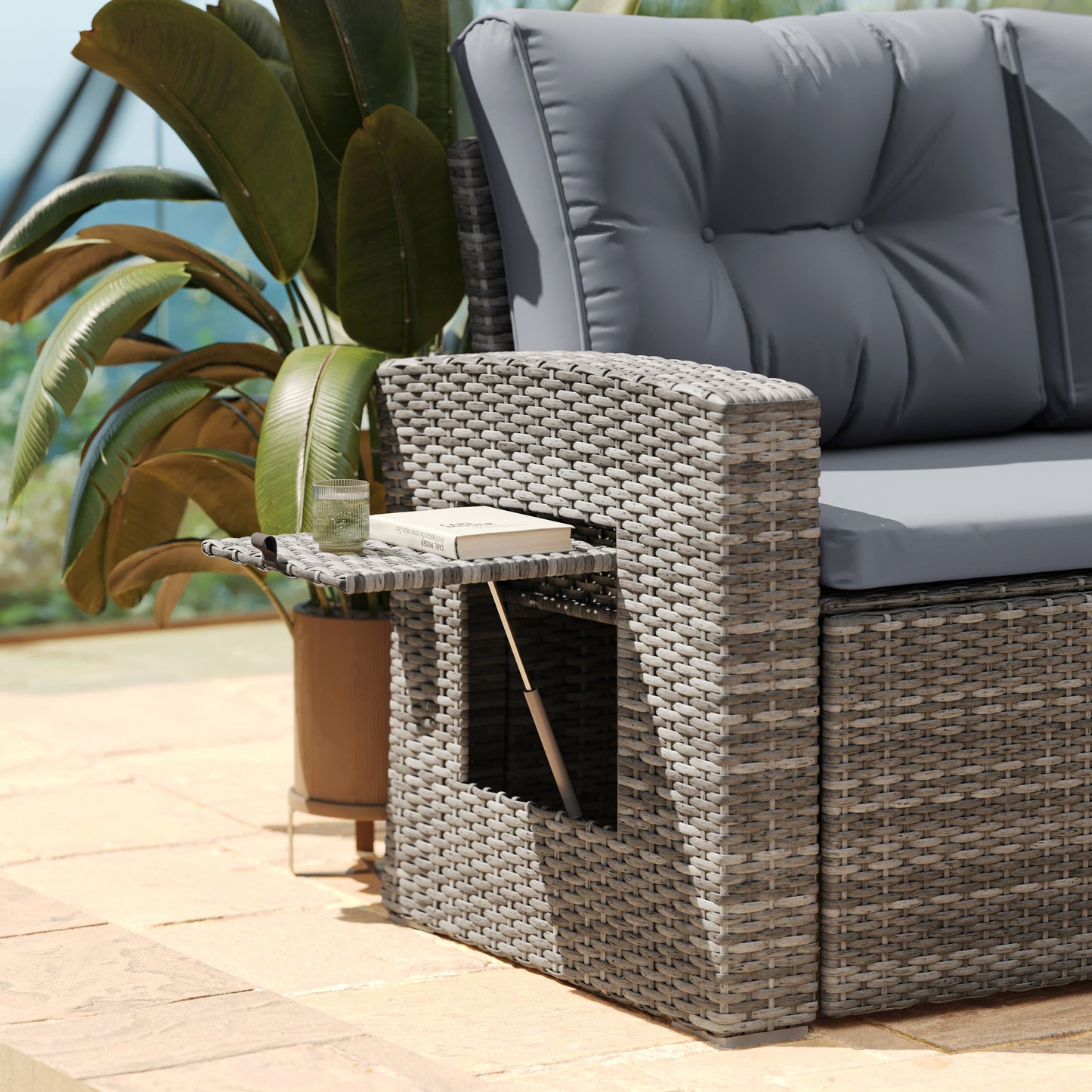 Huck Indoor/Outdoor Wicker Rattan Conversation Set, L-Shaped Sofa with Dining Table, Weather Resistant Cushions, Gray Gray Cushions/Gray Frame
