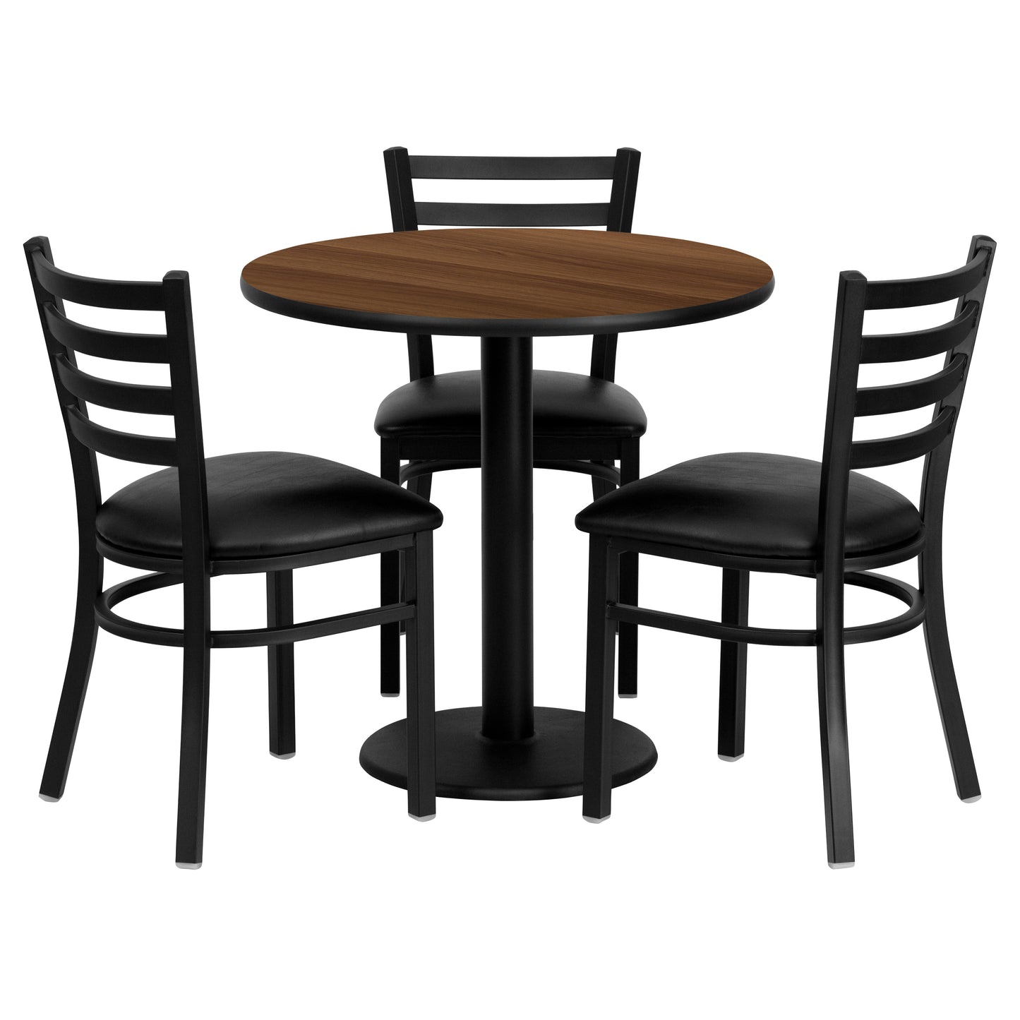 Clark 30'' Round Walnut Laminate Table Set with 3 Ladder Back Metal Chairs - Black Vinyl Seat Walnut