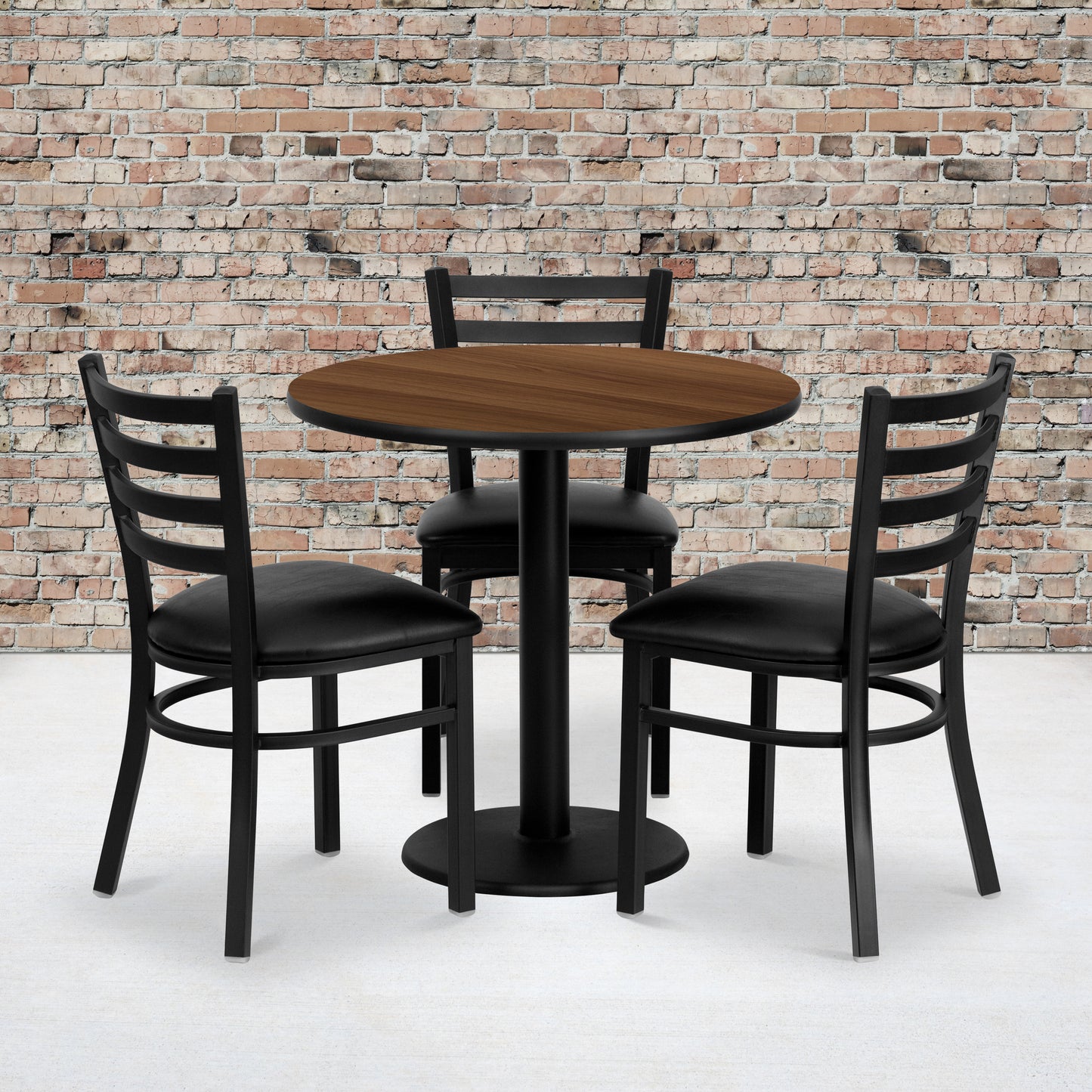 Clark 30'' Round Walnut Laminate Table Set with 3 Ladder Back Metal Chairs - Black Vinyl Seat Walnut
