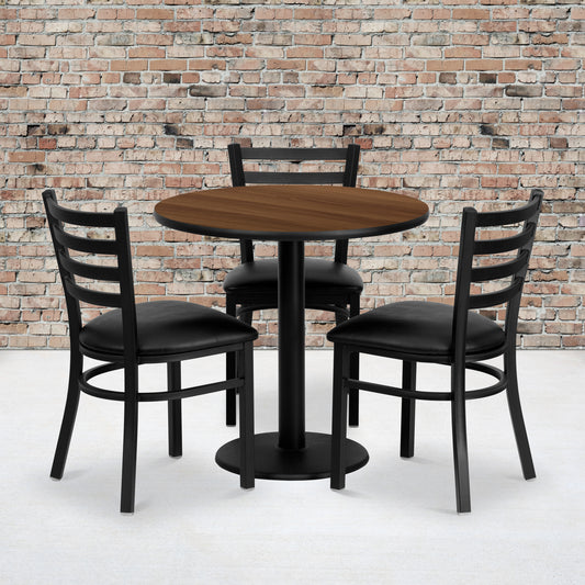 Clark 30'' Round Walnut Laminate Table Set with 3 Ladder Back Metal Chairs - Black Vinyl Seat Walnut