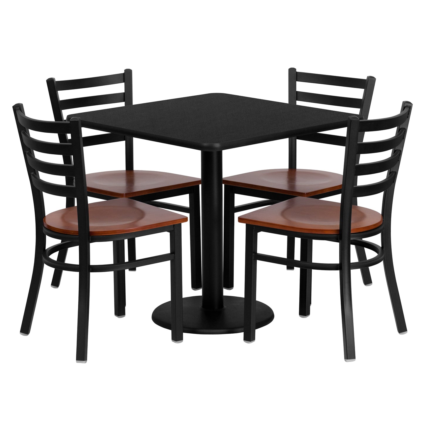 Clark 30'' Square Black Laminate Table Set with 4 Ladder Back Metal Chairs - Cherry Wood Seat Black