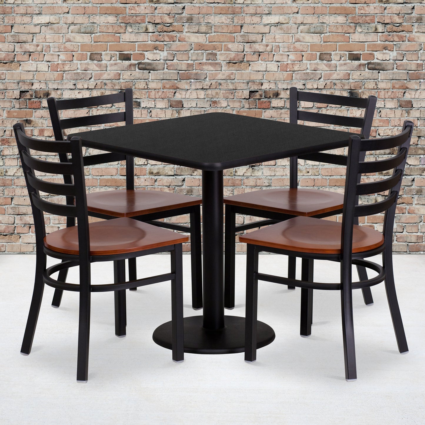 Clark 30'' Square Black Laminate Table Set with 4 Ladder Back Metal Chairs - Cherry Wood Seat Black