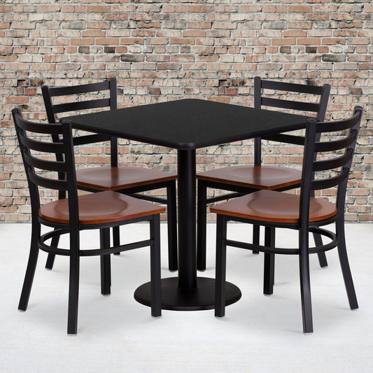 Clark 30'' Square Black Laminate Table Set with 4 Ladder Back Metal Chairs - Cherry Wood Seat Black