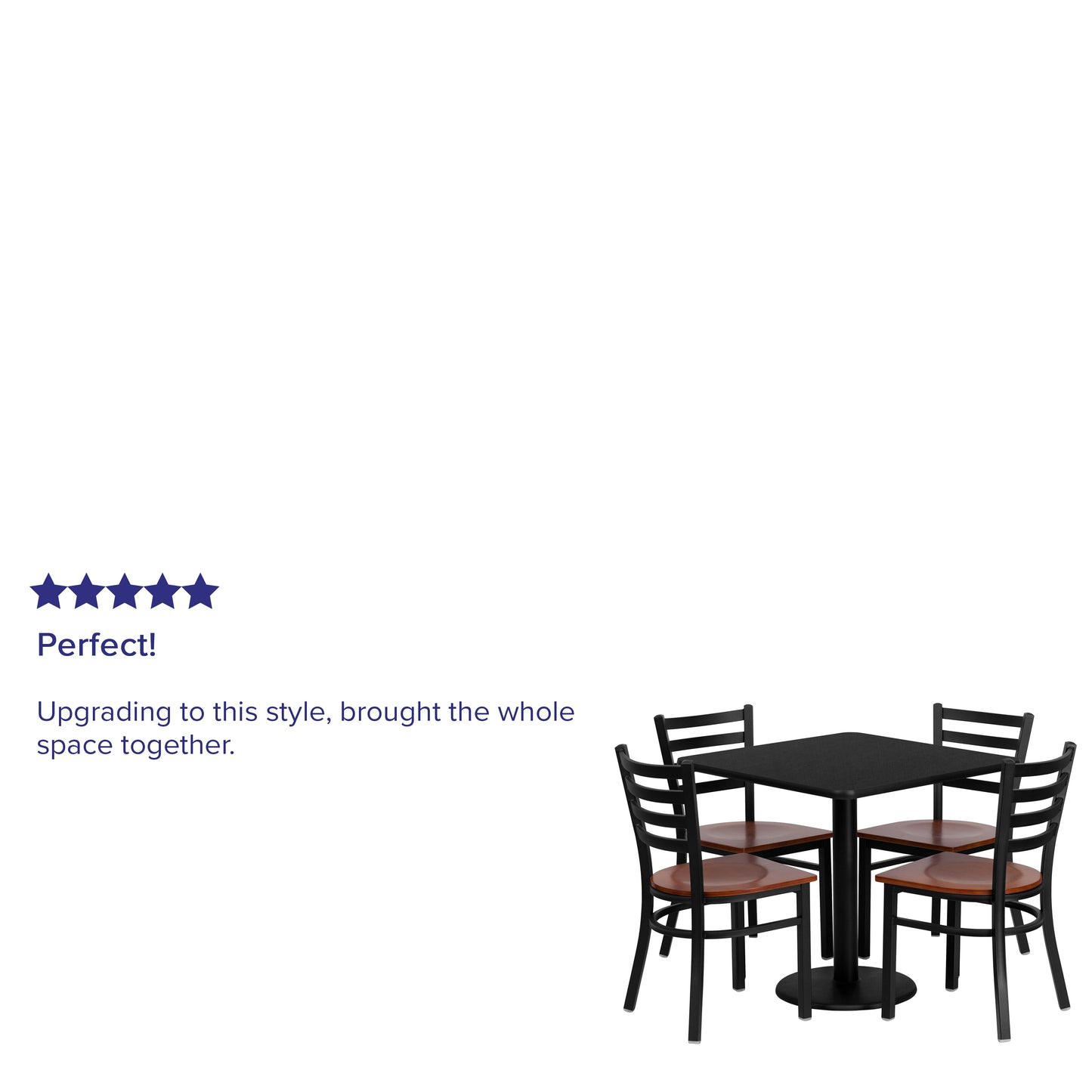 Clark 30'' Square Black Laminate Table Set with 4 Ladder Back Metal Chairs - Cherry Wood Seat Black