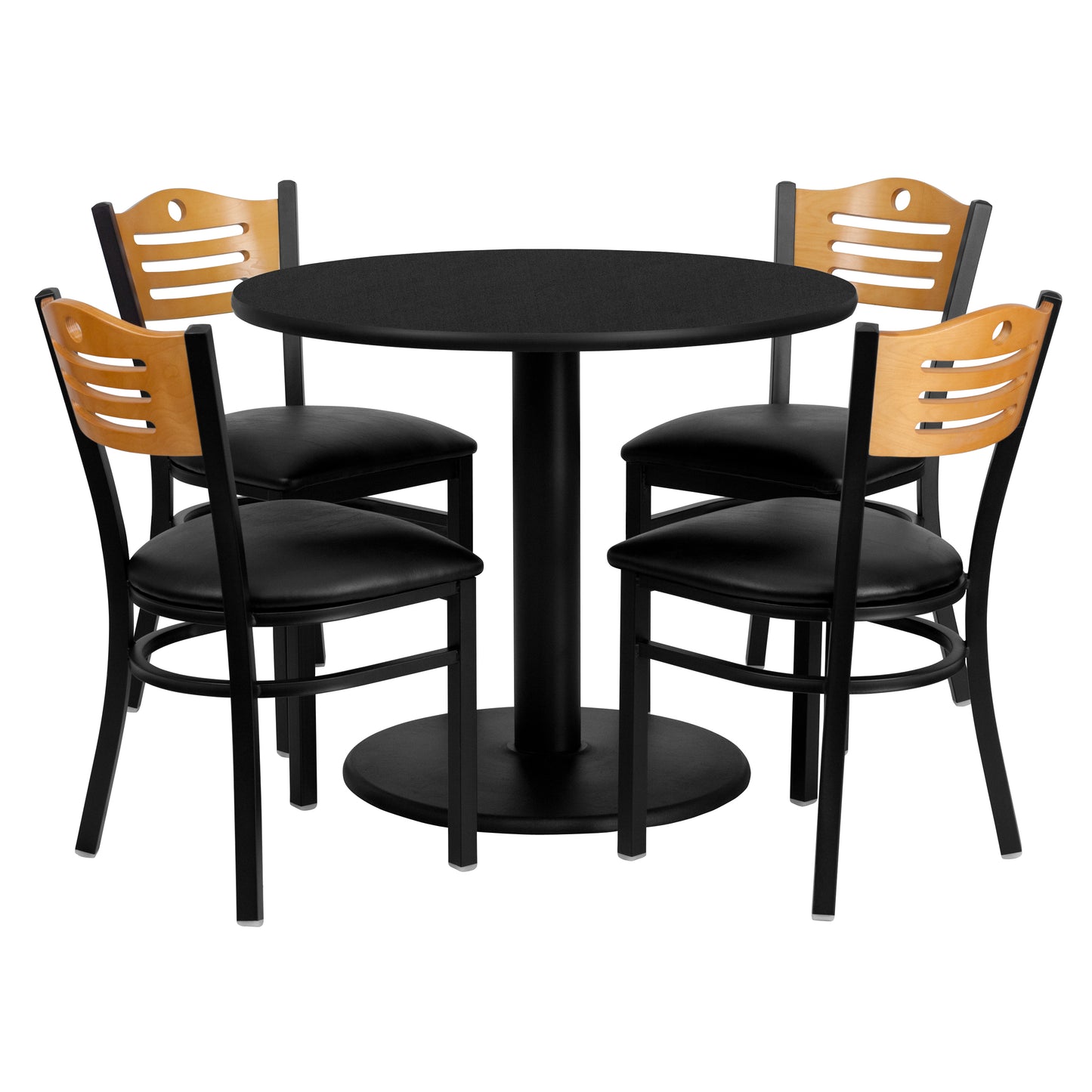 Clark 36'' Round Black Laminate Table Set with 4 Wood Slat Back Metal Chairs - Black Vinyl Seat Black