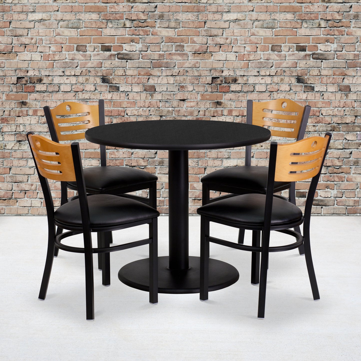 Clark 36'' Round Black Laminate Table Set with 4 Wood Slat Back Metal Chairs - Black Vinyl Seat Black