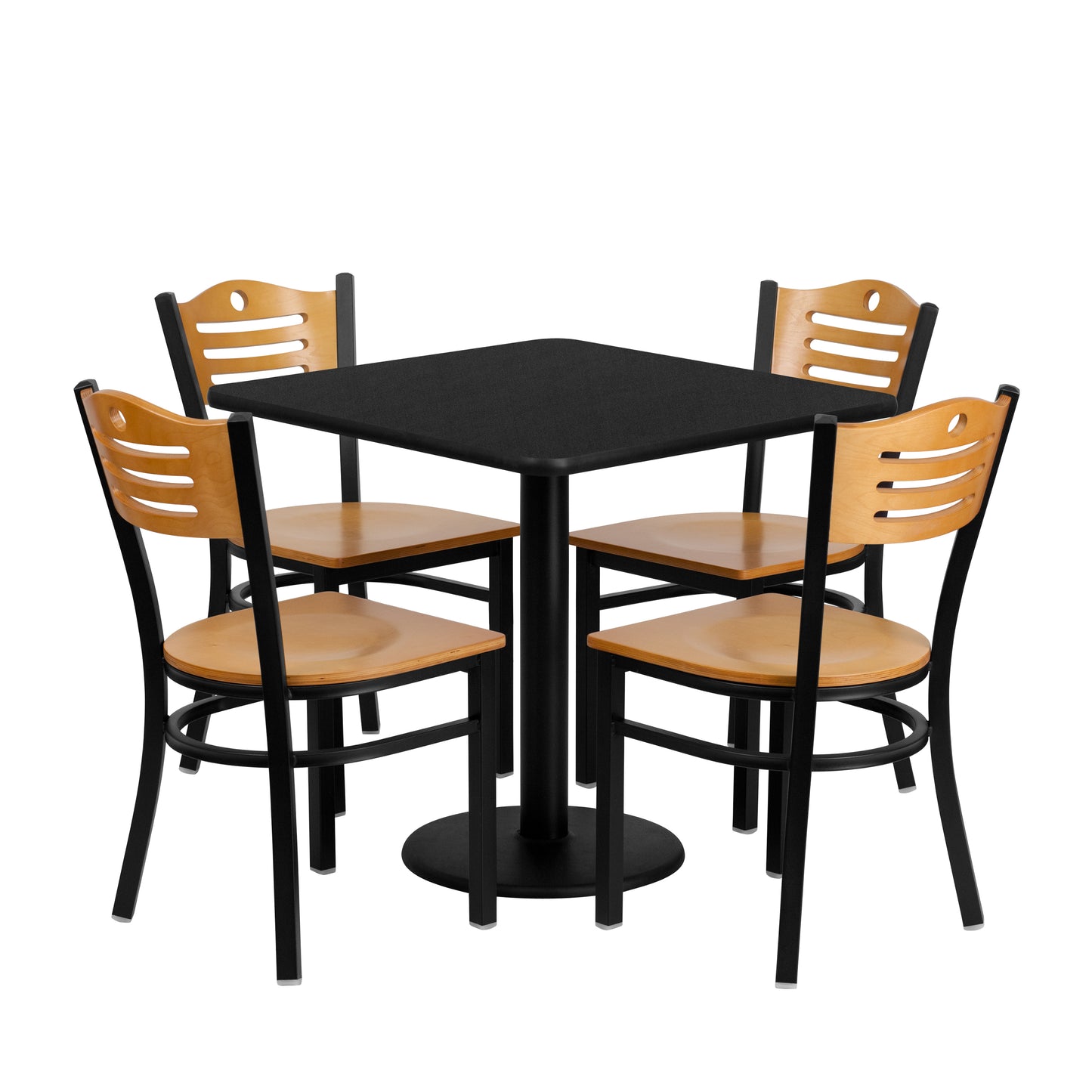 Clark 30'' Square Black Laminate Table Set with 4 Wood Slat Back Metal Chairs - Natural Wood Seat Black