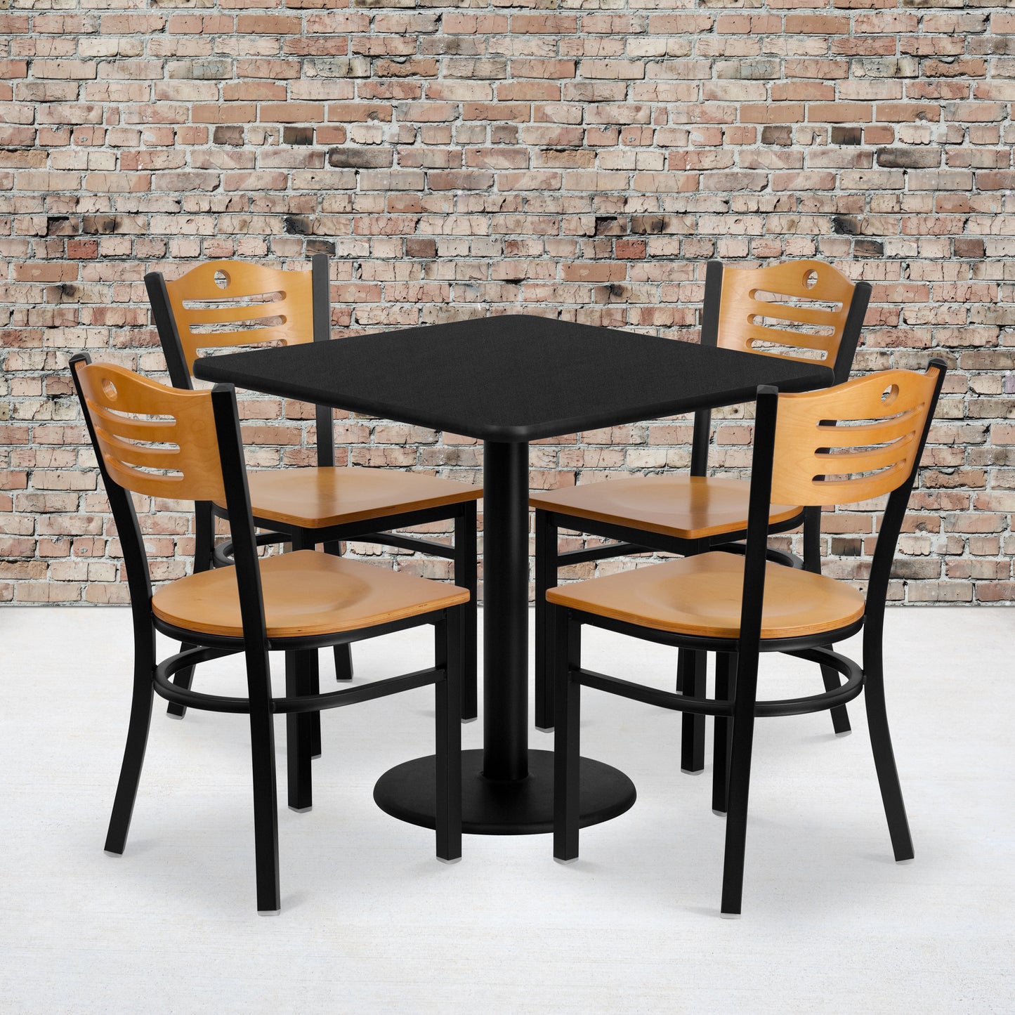 Clark 30'' Square Black Laminate Table Set with 4 Wood Slat Back Metal Chairs - Natural Wood Seat Black