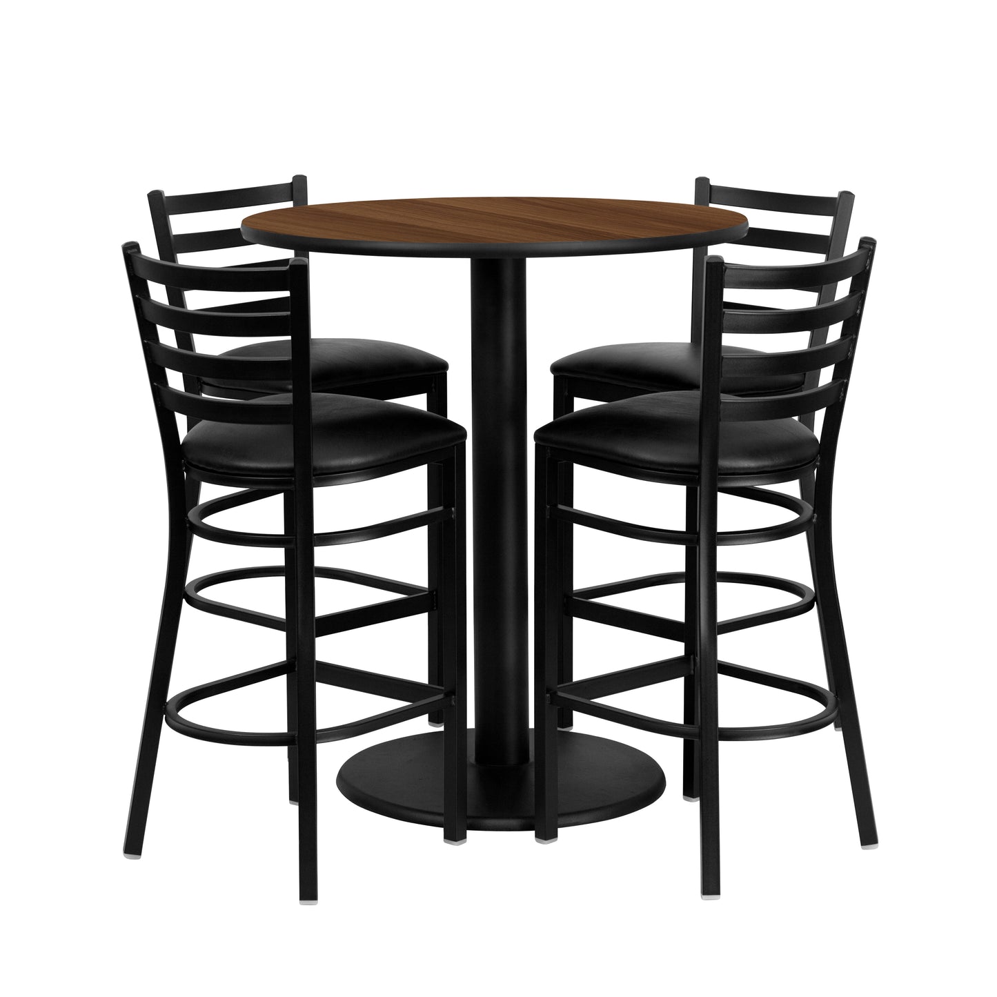 Clark 36'' Round Walnut Laminate Table Set with 4 Ladder Back Metal Barstools - Black Vinyl Seat Walnut
