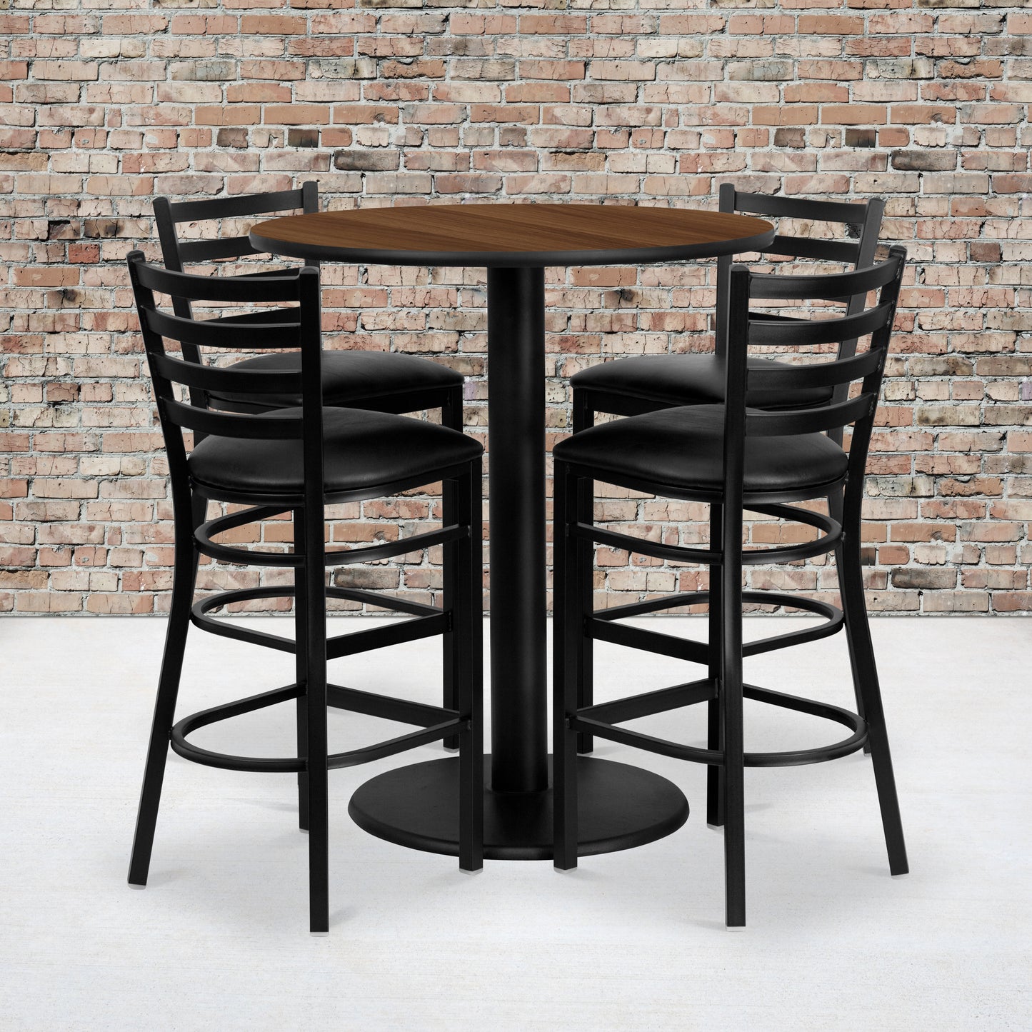Clark 36'' Round Walnut Laminate Table Set with 4 Ladder Back Metal Barstools - Black Vinyl Seat Walnut