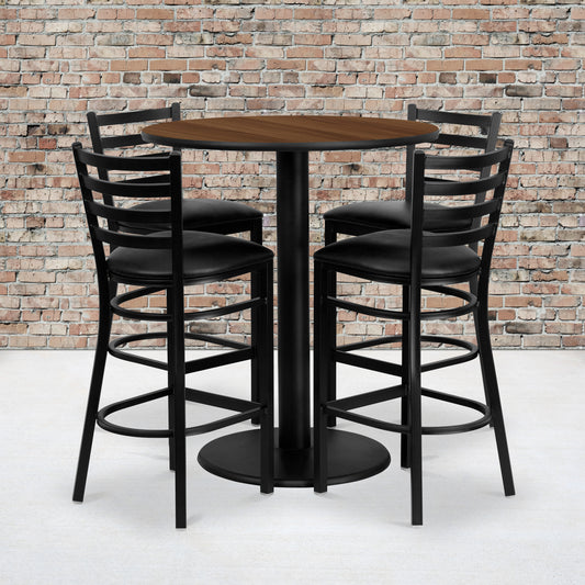 Clark 36'' Round Walnut Laminate Table Set with 4 Ladder Back Metal Barstools - Black Vinyl Seat Walnut