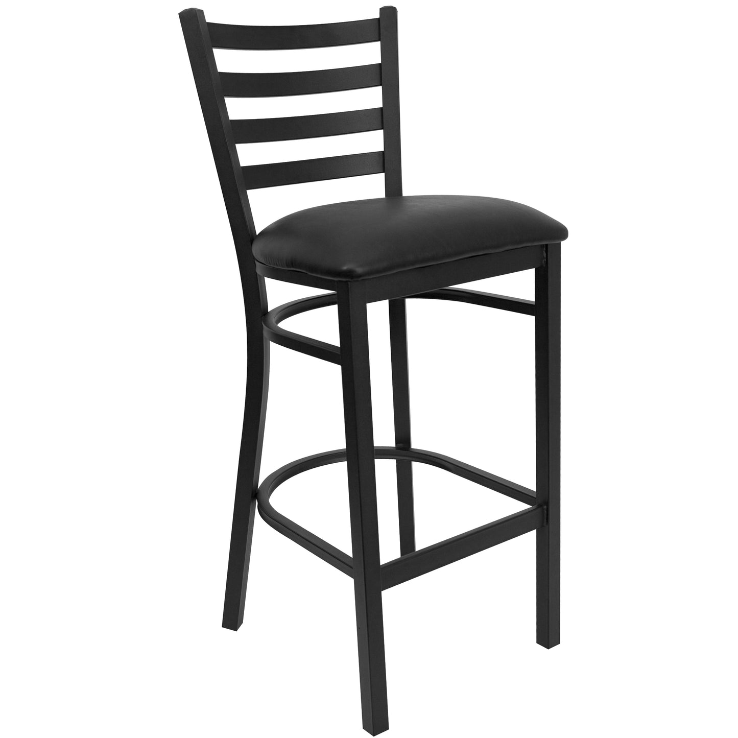 Clark 36'' Round Walnut Laminate Table Set with 4 Ladder Back Metal Barstools - Black Vinyl Seat Walnut