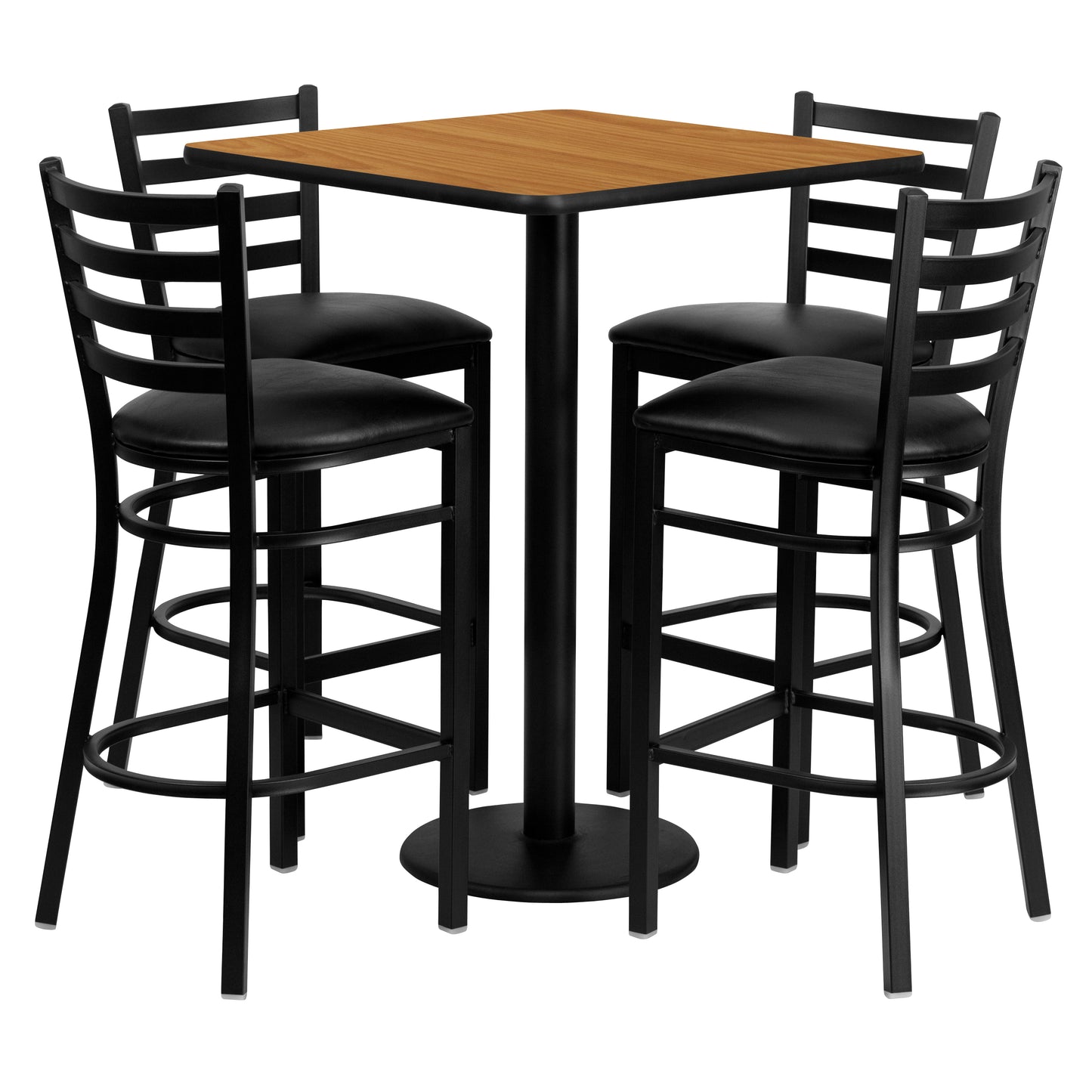Clark 30'' Square Natural Laminate Table Set with 4 Ladder Back Metal Barstools - Black Vinyl Seat Natural Top/Black Vinyl Seat