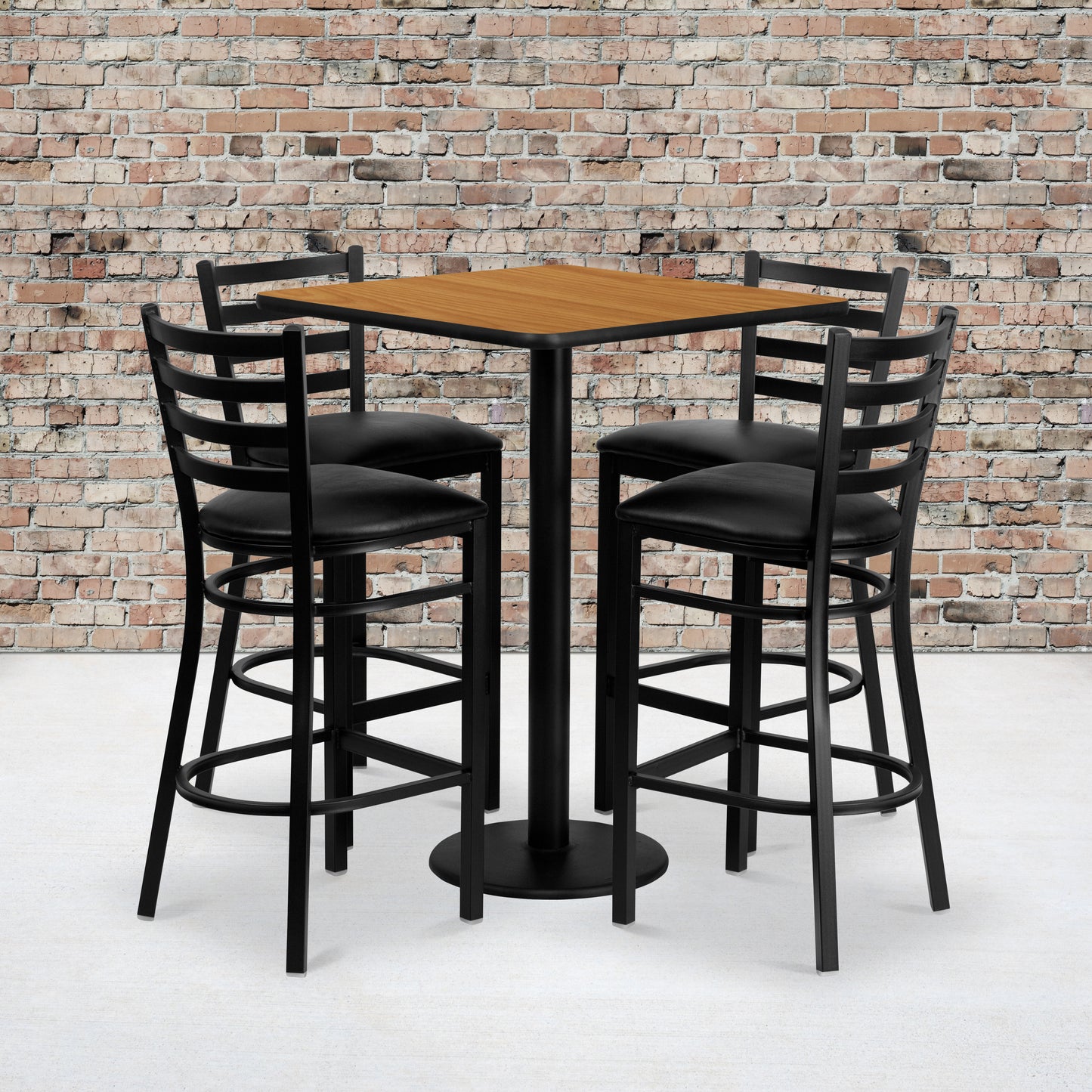Clark 30'' Square Natural Laminate Table Set with 4 Ladder Back Metal Barstools - Black Vinyl Seat Natural Top/Black Vinyl Seat