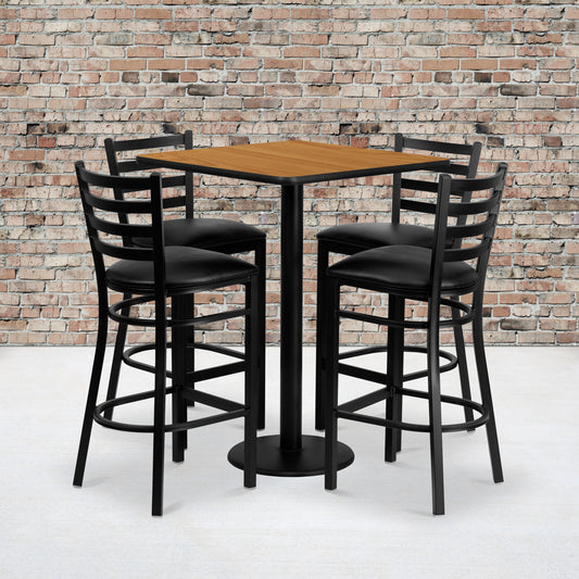 Clark 30'' Square Natural Laminate Table Set with 4 Ladder Back Metal Barstools - Black Vinyl Seat Natural Top/Black Vinyl Seat