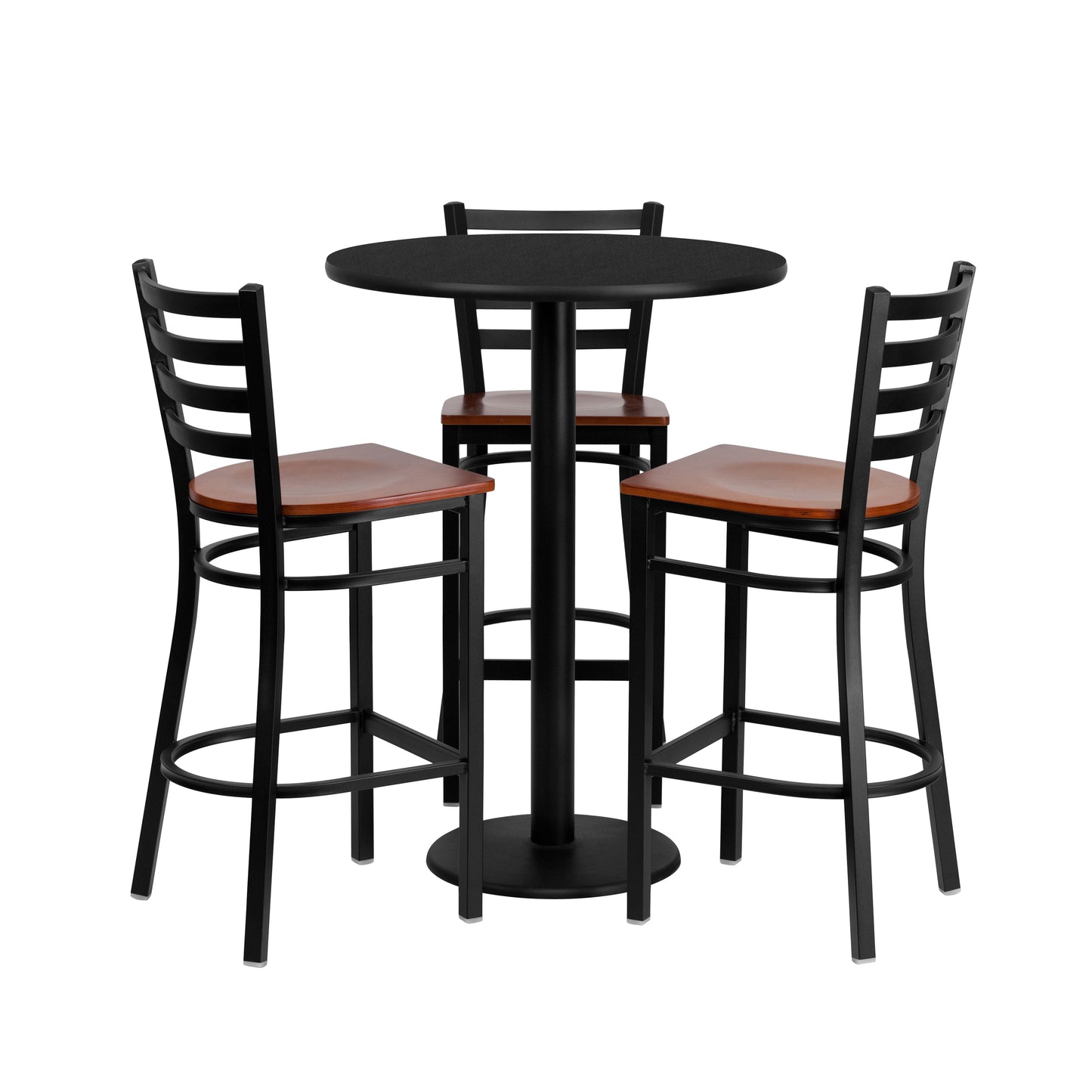 Clark 30'' Round Black Laminate Table Set with 3 Ladder Back Metal Barstools - Cherry Wood Seat Black