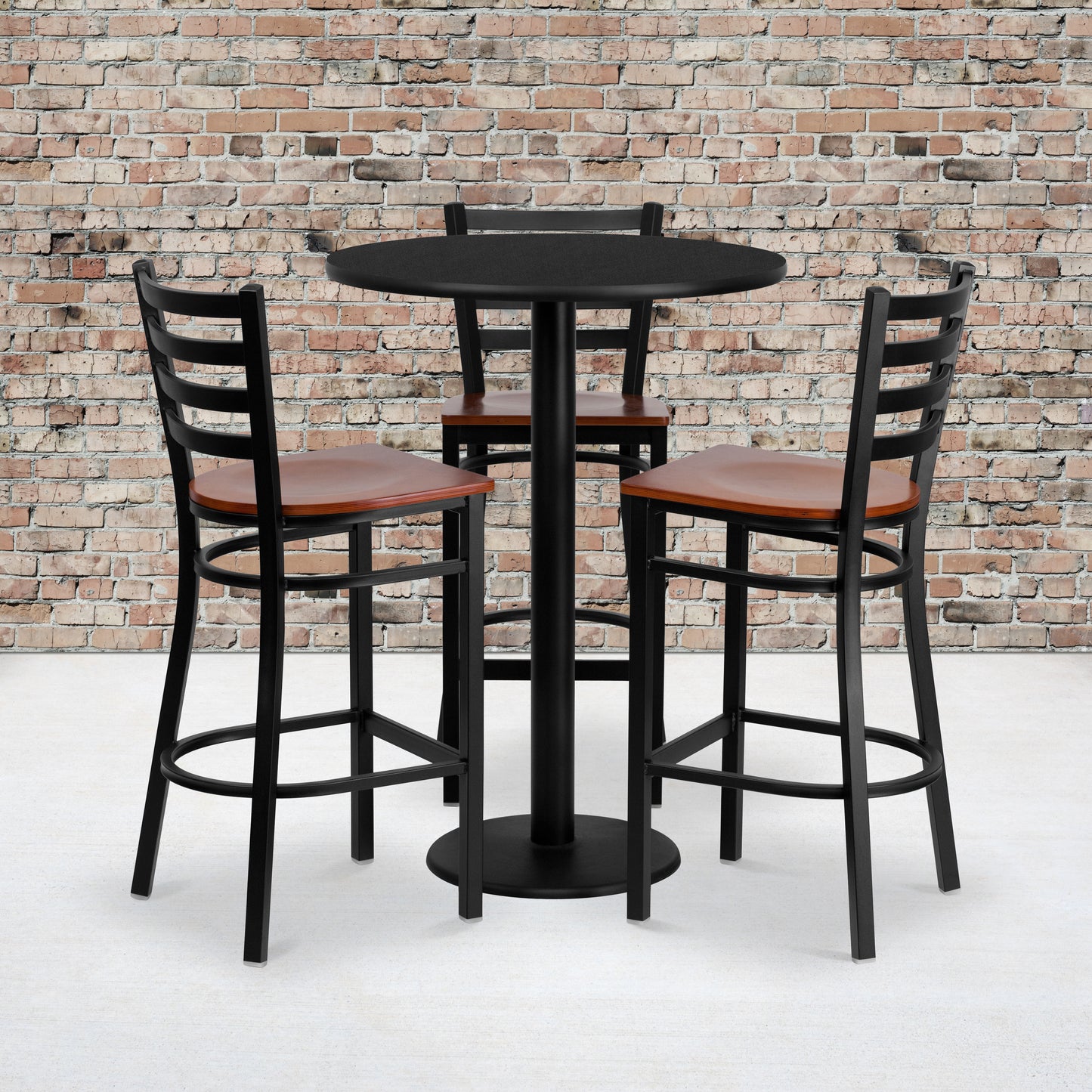 Clark 30'' Round Black Laminate Table Set with 3 Ladder Back Metal Barstools - Cherry Wood Seat Black