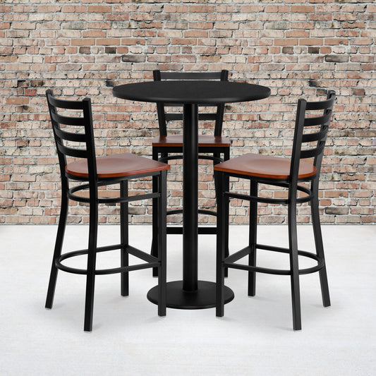 Clark 30'' Round Black Laminate Table Set with 3 Ladder Back Metal Barstools - Cherry Wood Seat Black