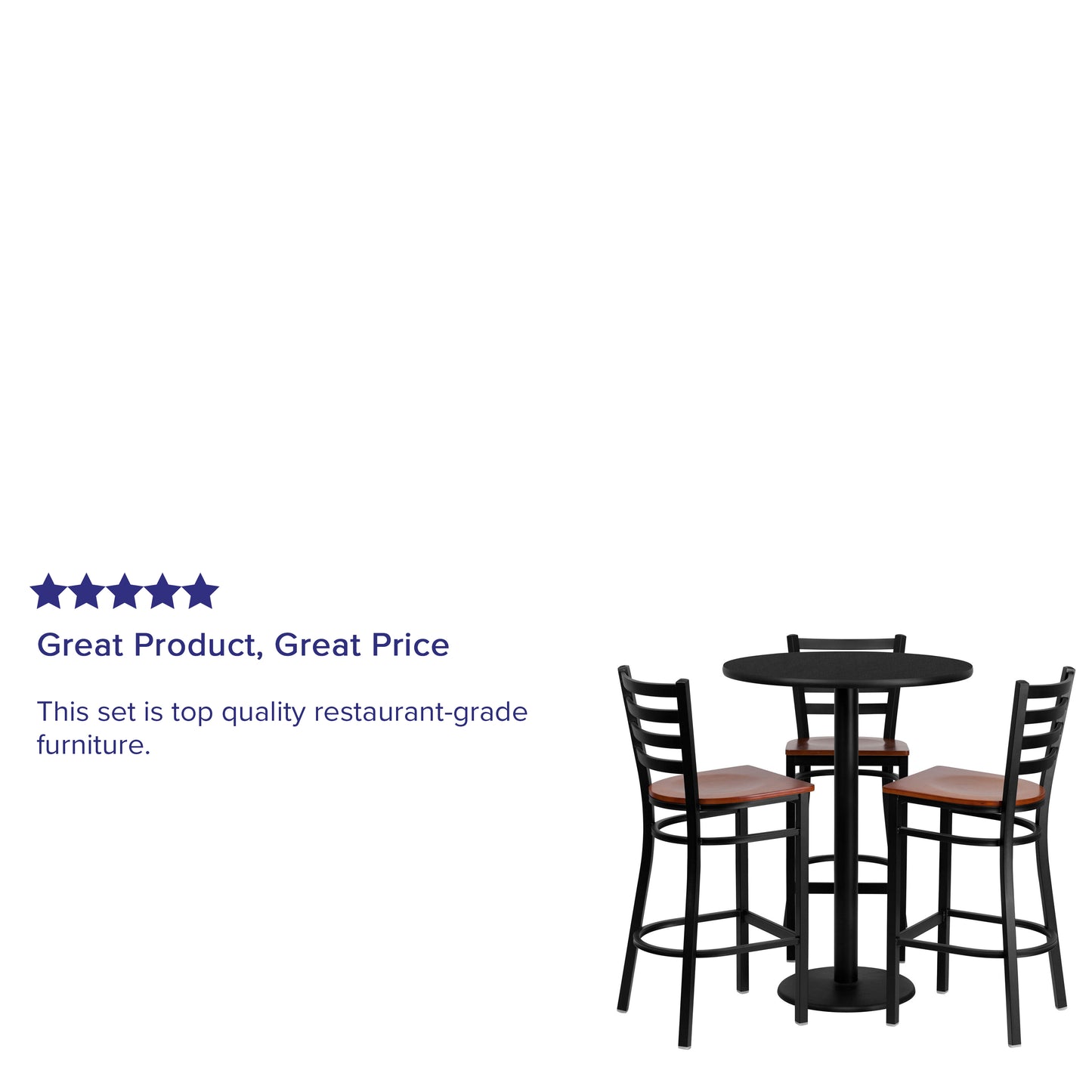 Clark 30'' Round Black Laminate Table Set with 3 Ladder Back Metal Barstools - Cherry Wood Seat Black