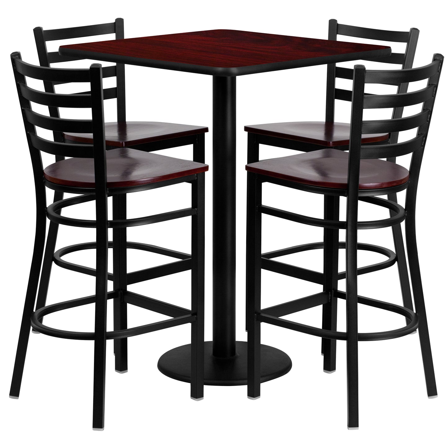 Clark 30'' Square Mahogany Laminate Table Set with 4 Ladder Back Metal Barstools - Mahogany Wood Seat Mahogany Top/Mahogany Wood Seat