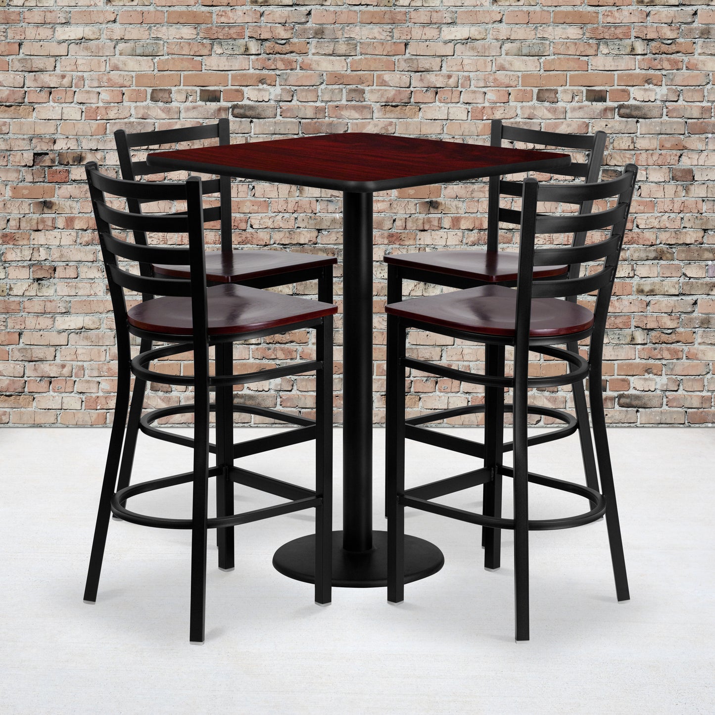 Clark 30'' Square Mahogany Laminate Table Set with 4 Ladder Back Metal Barstools - Mahogany Wood Seat Mahogany Top/Mahogany Wood Seat