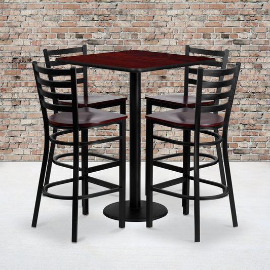 Clark 30'' Square Mahogany Laminate Table Set with 4 Ladder Back Metal Barstools - Mahogany Wood Seat Mahogany Top/Mahogany Wood Seat
