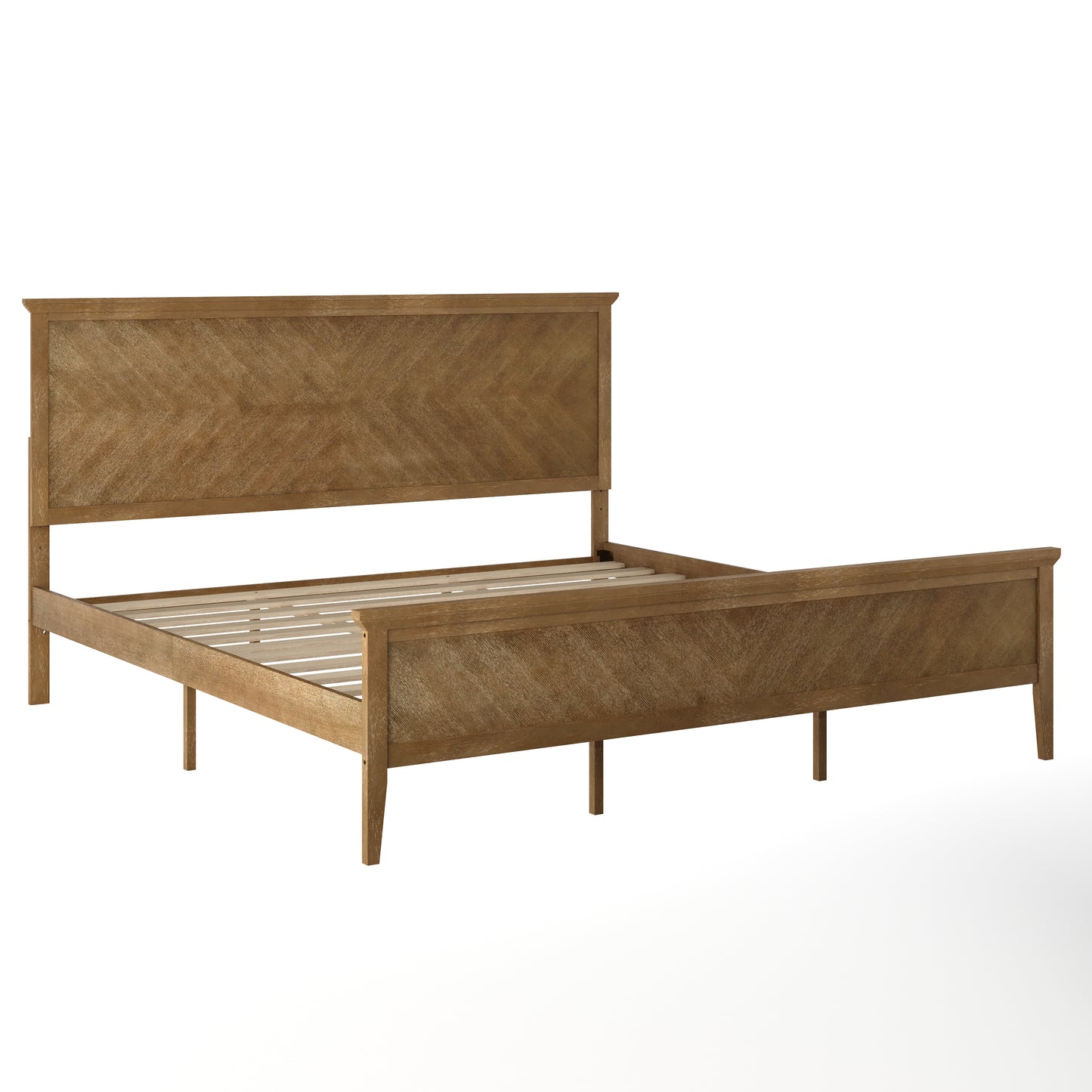 Fiona Light Brown King Size Solid Wood Platform Bed Frame with Headboard, Footboard, and Slatted Bottom Light Brown